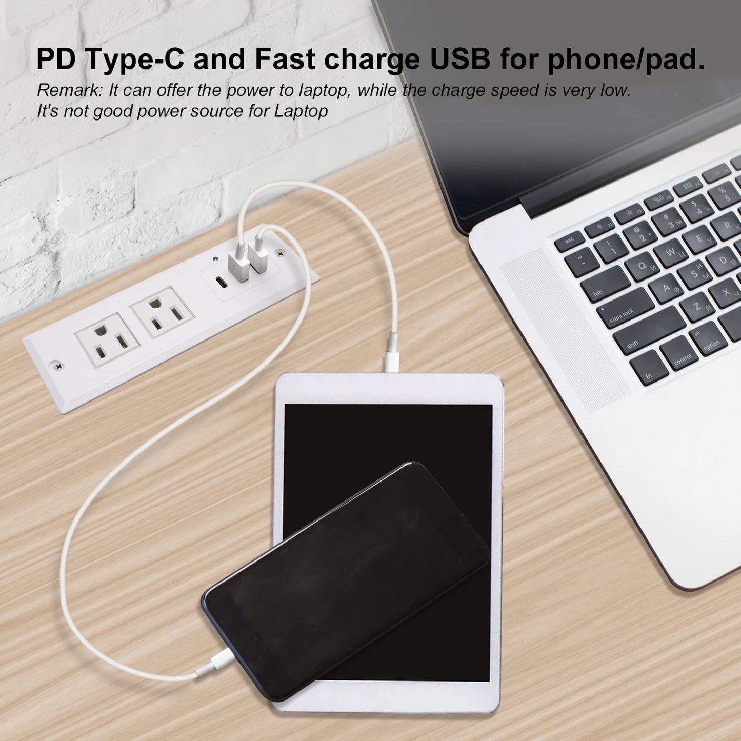 4 LEAF Regleta Multicontacto Escritorio USB C 20W PD Carga Rápida, Tira de Alimentación Empotrable Tipo C 2 Contactos 3 USB Muebles Outlet para Mesa Sofá Console Cajon Encimera 2 Metros Blanco