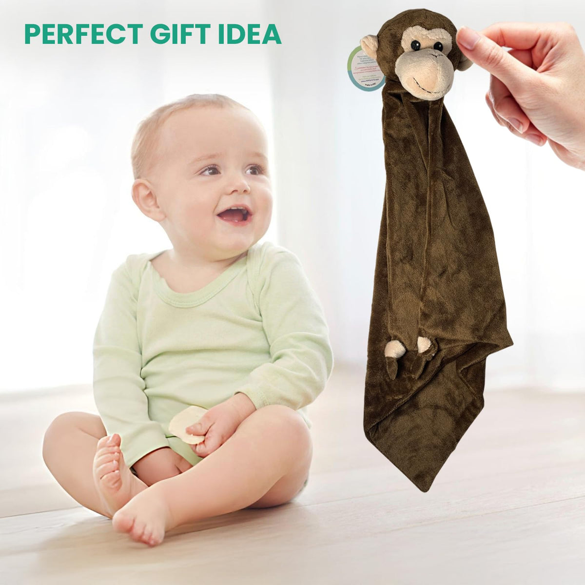 Pepe n Tito - Manta de seguridad para bebé, 45 cm de alto, suave forro polar, manta para bebé para niños y niñas, manta calmante con peluche de animal, Mono marrón