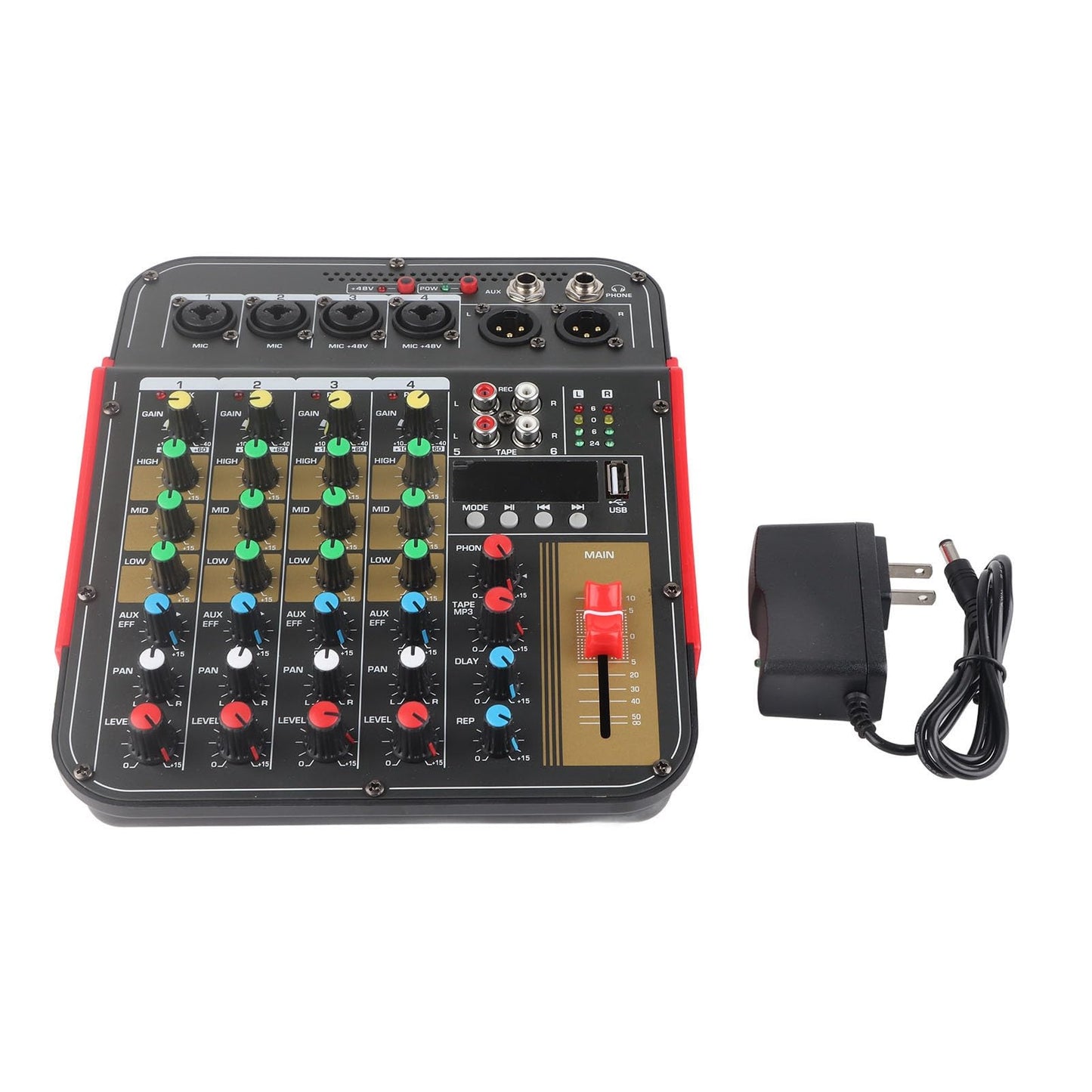 Mesa de Mezcla YYQTGG Metal 4 Canales Profesional con Controlador de Volumen MP3 y Ecualizador 3 Bandas