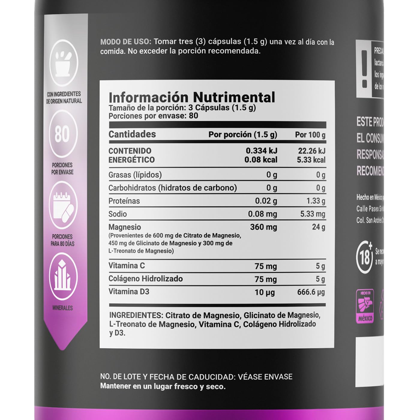 Suplemento de Magnesios Premium B Life Blanco con Colágeno Hidrolizado, Vitamina D3 y Vitamina C