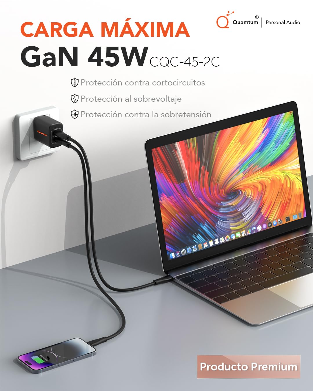 Cargador USB C GAN Portátil QUAMTUM PERSONAL AUDIO Blanco 45W con Carga Rápida y 2 Puertos para Galaxy, iPhone, Pixel y Huawei