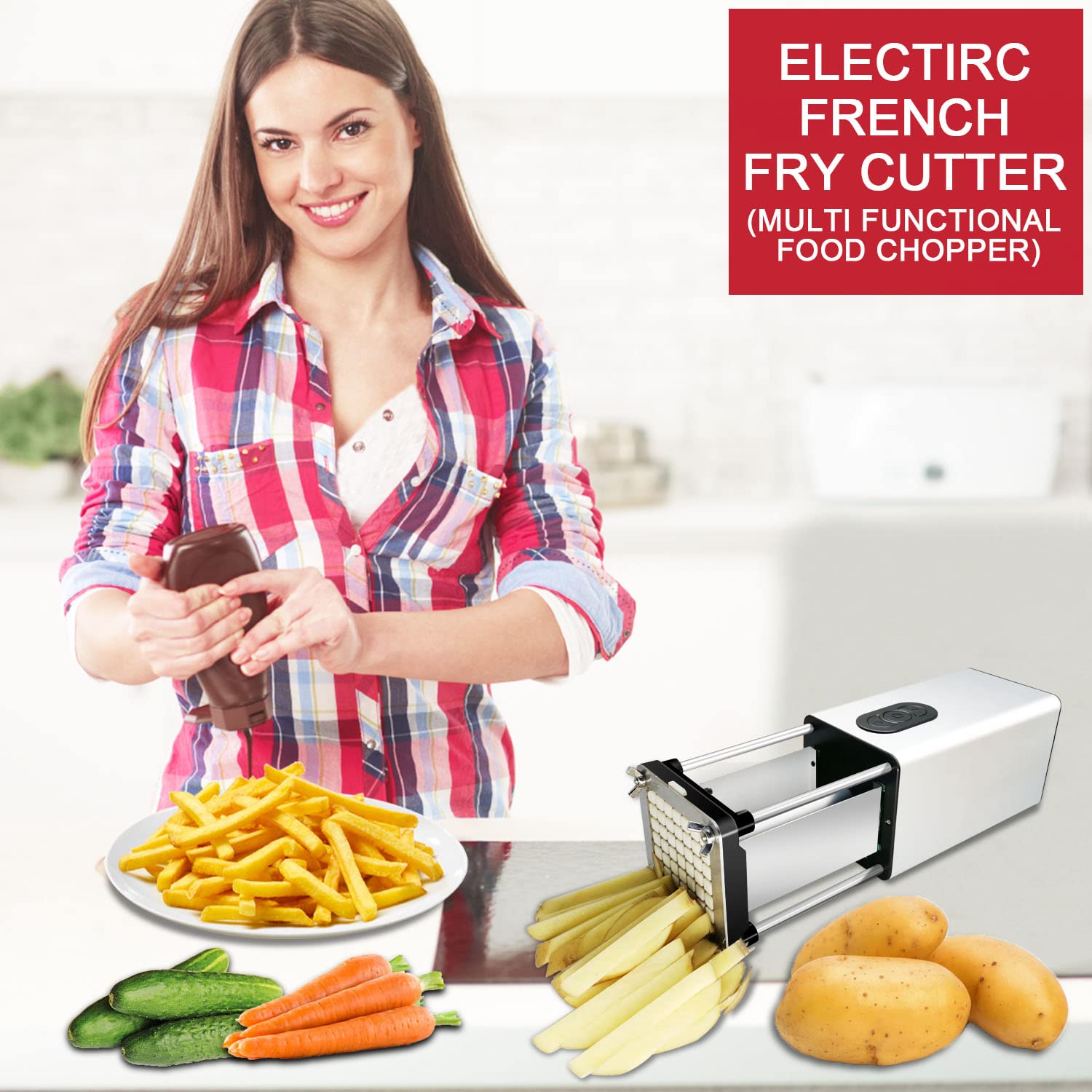 Fstcrt - Cortador eléctrico de freír francés, acero inoxidable con hoja de 1/2 y 3/8 pulgadas, cortador de papas fritas para restaurantes y cocina en casa, uso para patatas, zanahorias, pepinos