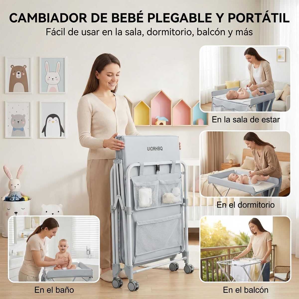 Mueble Cambiador para Bebe, Cambiador de Pañales para Bebe Plegable, Altura Regulable,con 2 Cajones,Ruedas y Cinturón de Seguridad, Cambiador para Bebe Impermeable para Recién Nacidos a Niños Pequeños