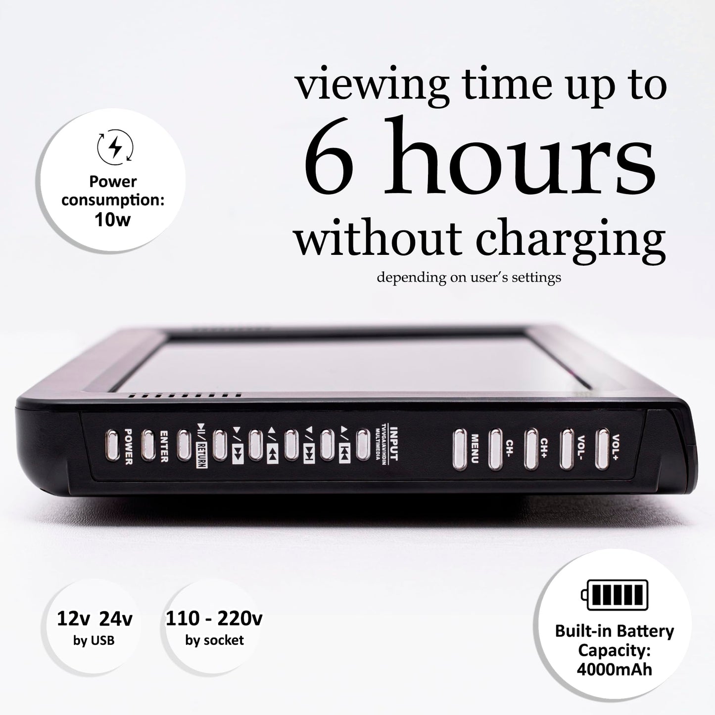 DenyDan Televisión portátil de 10" menús en español, Pantalla LED HD 720p, HDMI/USB/AV/SD, batería 4000 mAh hasta 8 h, 12V/24V/110V, Ideal para Auto, camión, RV y Camping