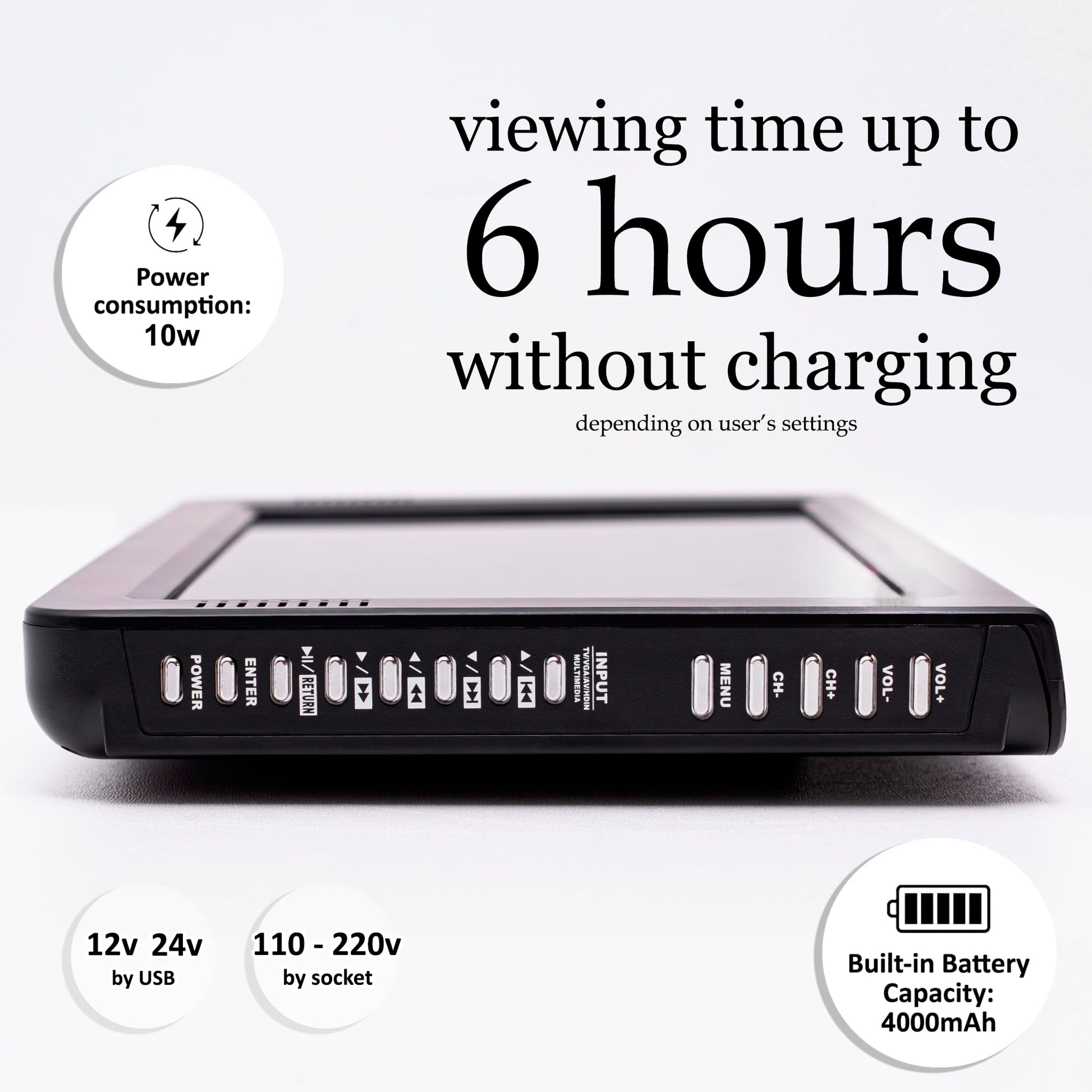 DenyDan Televisión portátil de 10" menús en español, Pantalla LED HD 720p, HDMI/USB/AV/SD, batería 4000 mAh hasta 8 h, 12V/24V/110V, Ideal para Auto, camión, RV y Camping