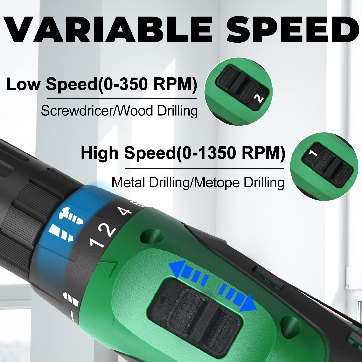 YIOU - Taladro inalámbrico de 20 V MAX, 18+1 embrague, 2 velocidades, 3/8 pulgadas, juego de brocas de 23 piezas, cargador de batería, verde, proyectos de bricolaje para el hogar