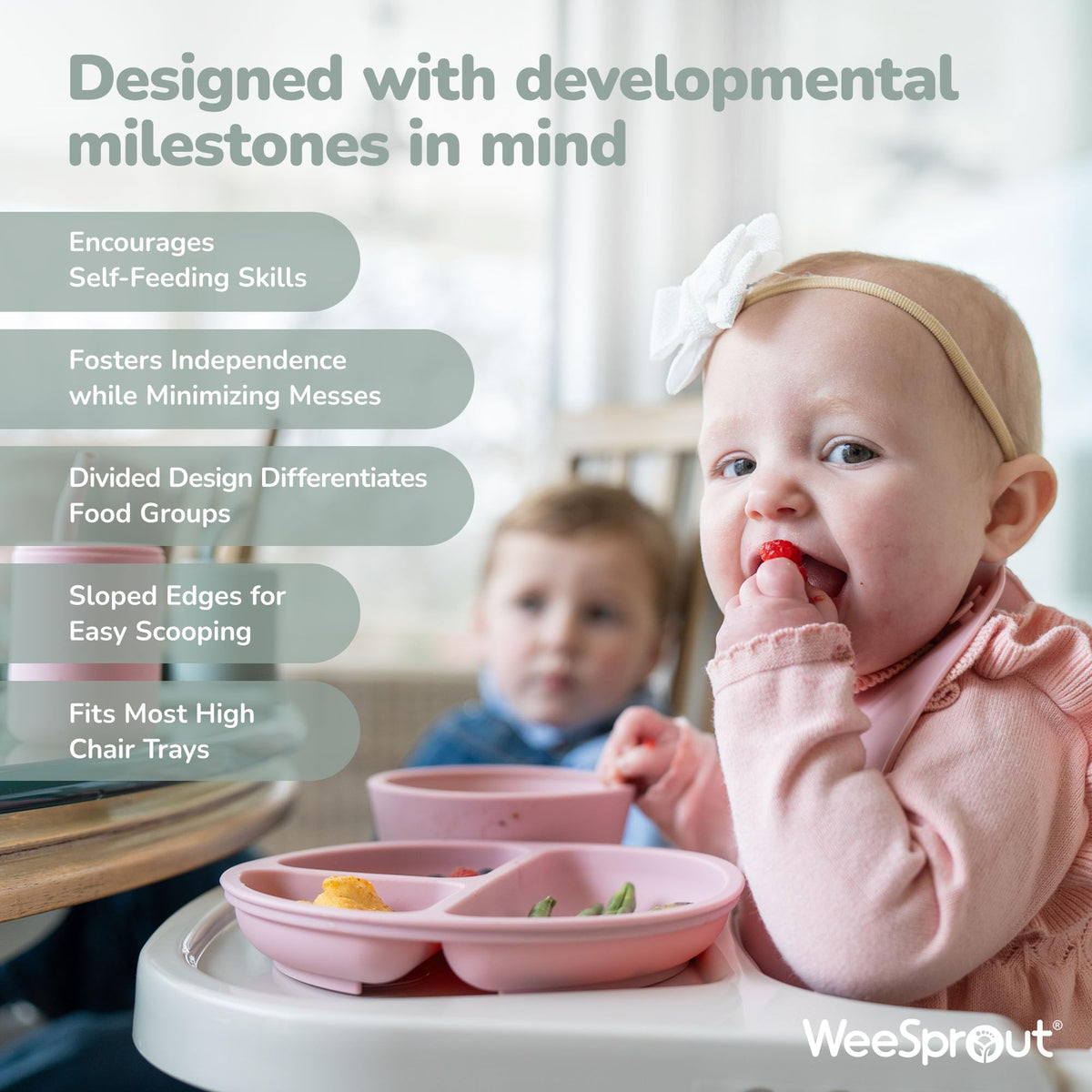 WeeSprout - Platos de succión con tapas para bebés y niños pequeños - 100% silicona, vajilla se mantiene en su lugar, diseño dividido para comedores exigentes, apto para microondas y lavaplatos