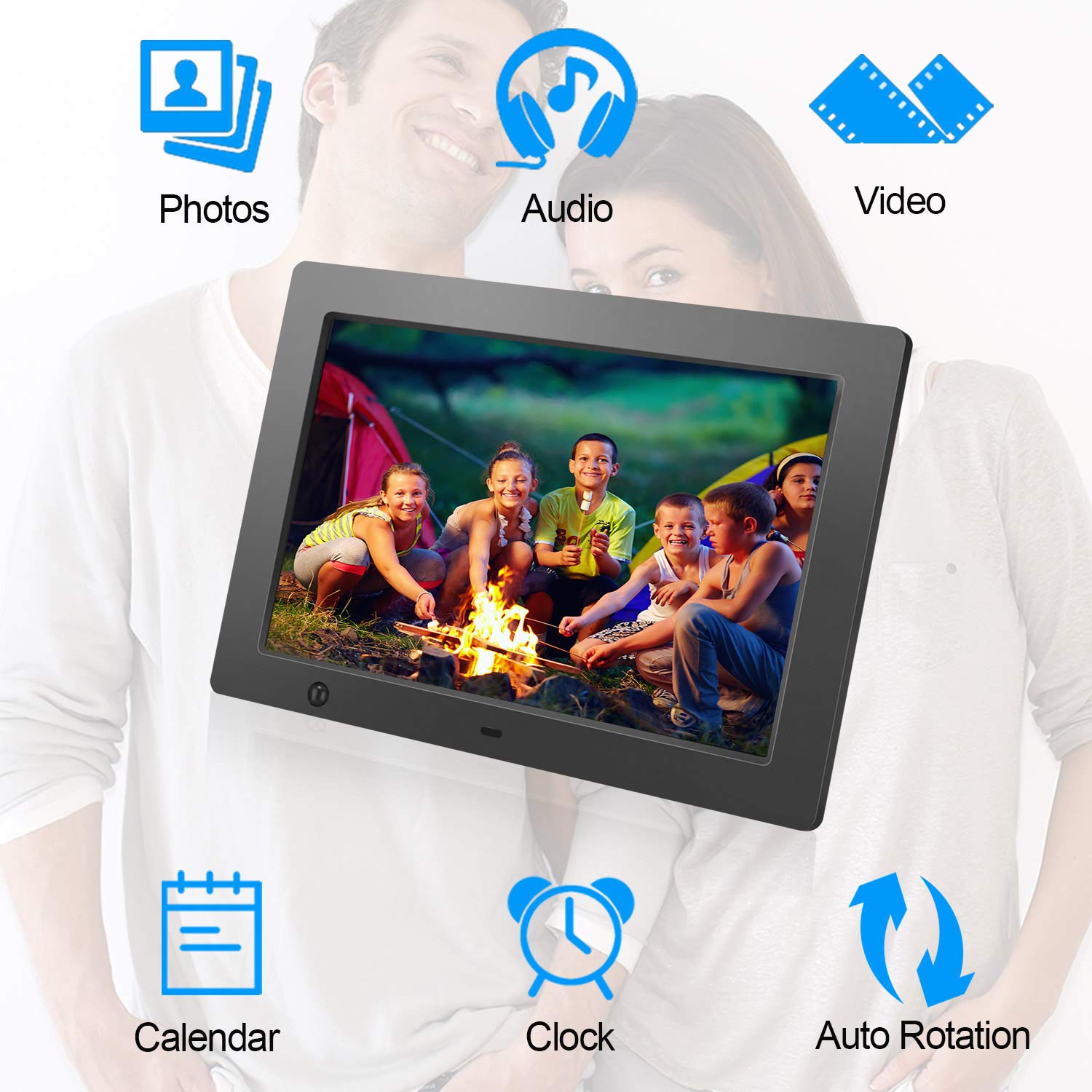 FLYAMAPIRIT - Marco de fotos digital de 10,1 pulgadas con sensor de movimiento y rotación automática, 180° HD IPS, música de fondo, calendario, control remoto