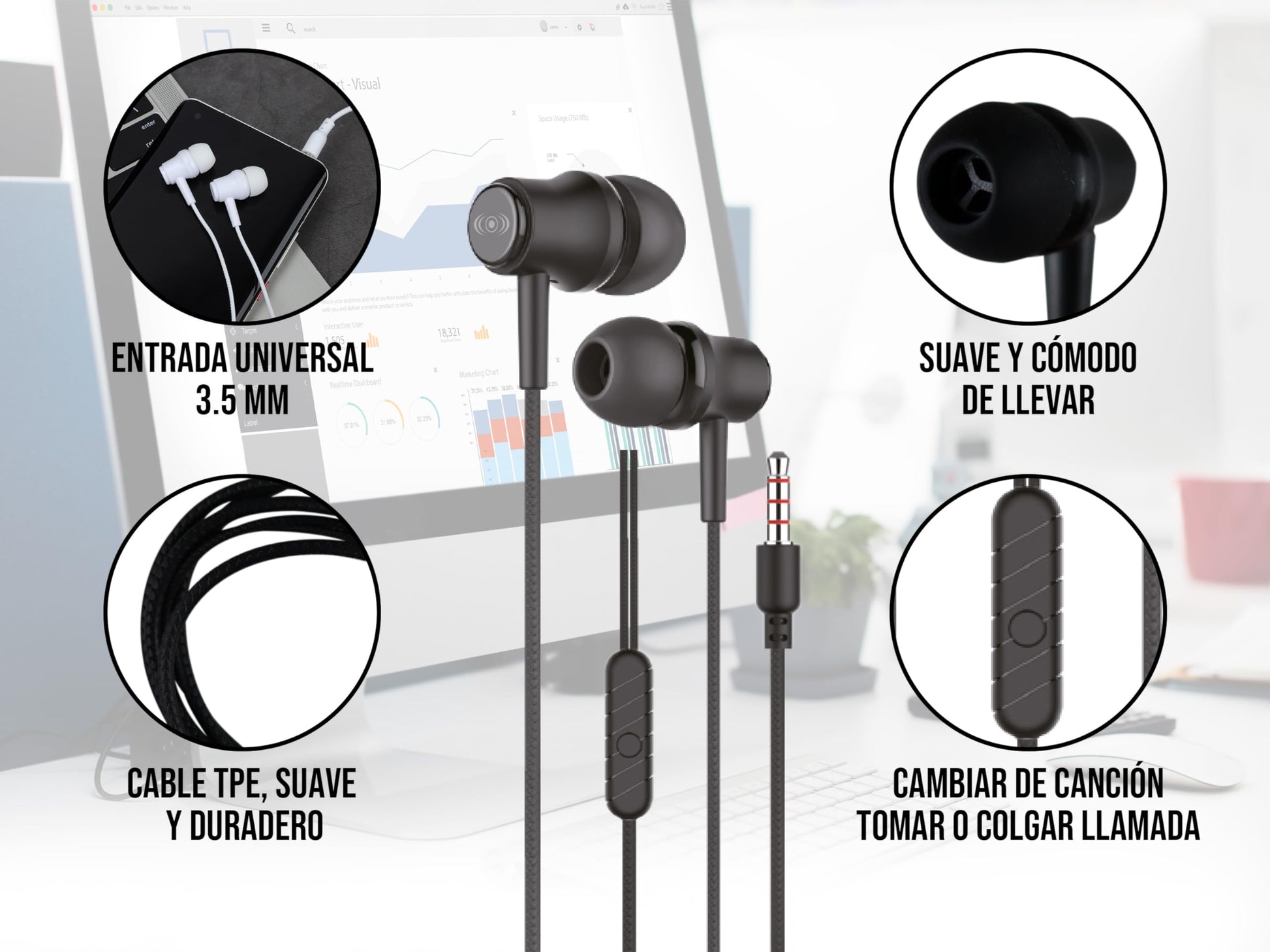 CONTROL EXPERT Audífonos Alámbricos Manos Libres 3.5mm Micrófono (Negro)