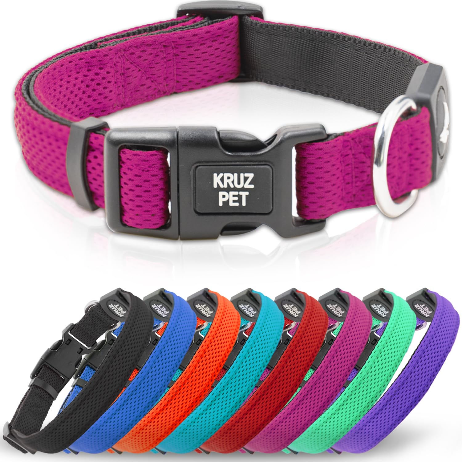 KRUZ PET KZA102-18S Collar de Malla para Perros pequeños, medianos y Grandes, Cuello de Cuello Ajustable, Suave, Ligero, Transpirable, Ajuste cómodo, Rosa Frambuesa, S