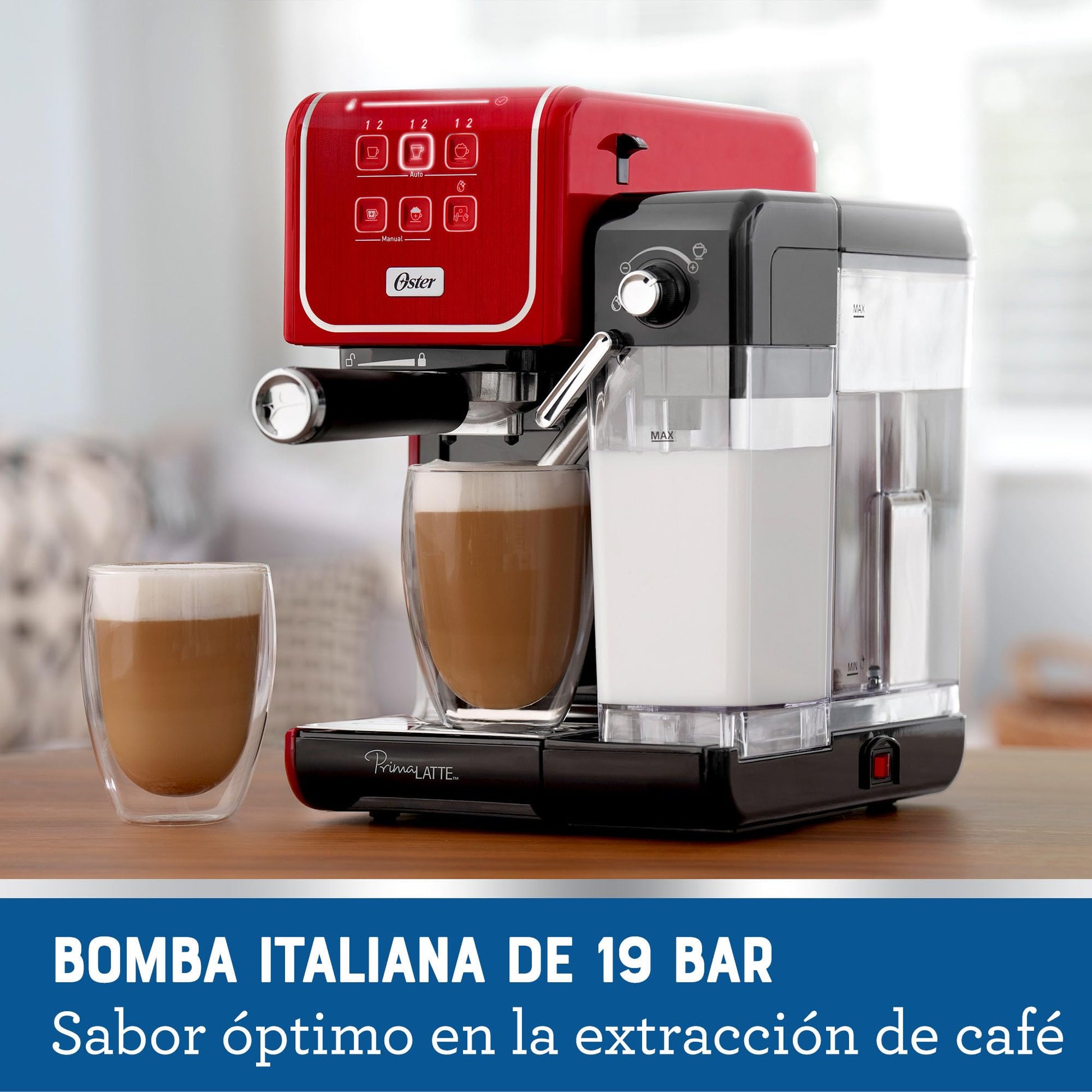 Cafetera Oster Roja con Panel Táctil y Funciones Automáticas para Espresso, Cappuccino y Latte