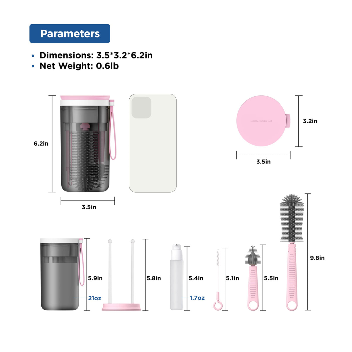 Kit de limpieza de viaje del bebé de cepillo de botella, Rack de secado integrado, cepillo en forma de pezón,cepillos de paja, dispensde jabón de botella, tazón de botella más caliente.(Rosa)