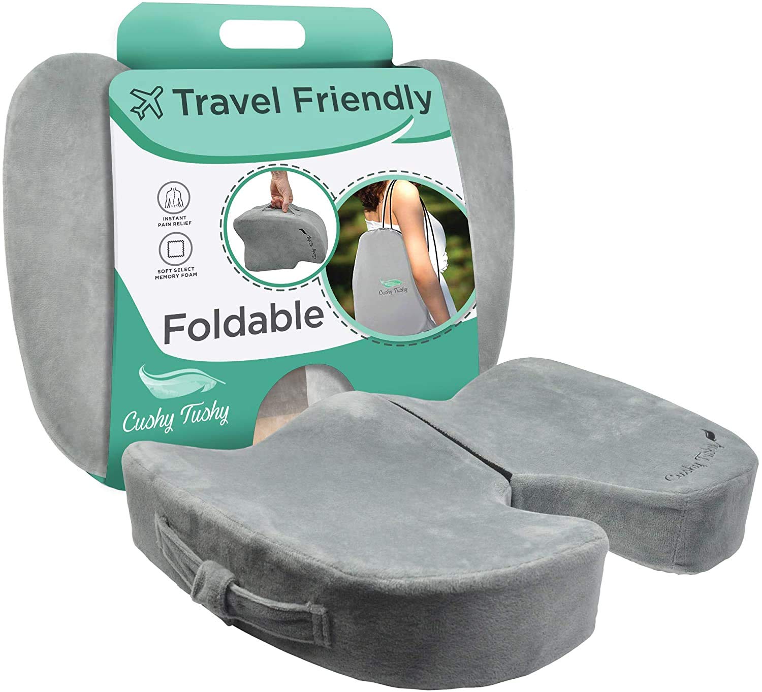 Cushy Tushy - Cojín de Asiento de Viaje Plegable de Alta Calidad para aliviar el Dolor de Espalda Baja, ciático, glúteos y coxis, para Uso en el hogar y la Oficina, Perfecto para Viajar o Conducir,