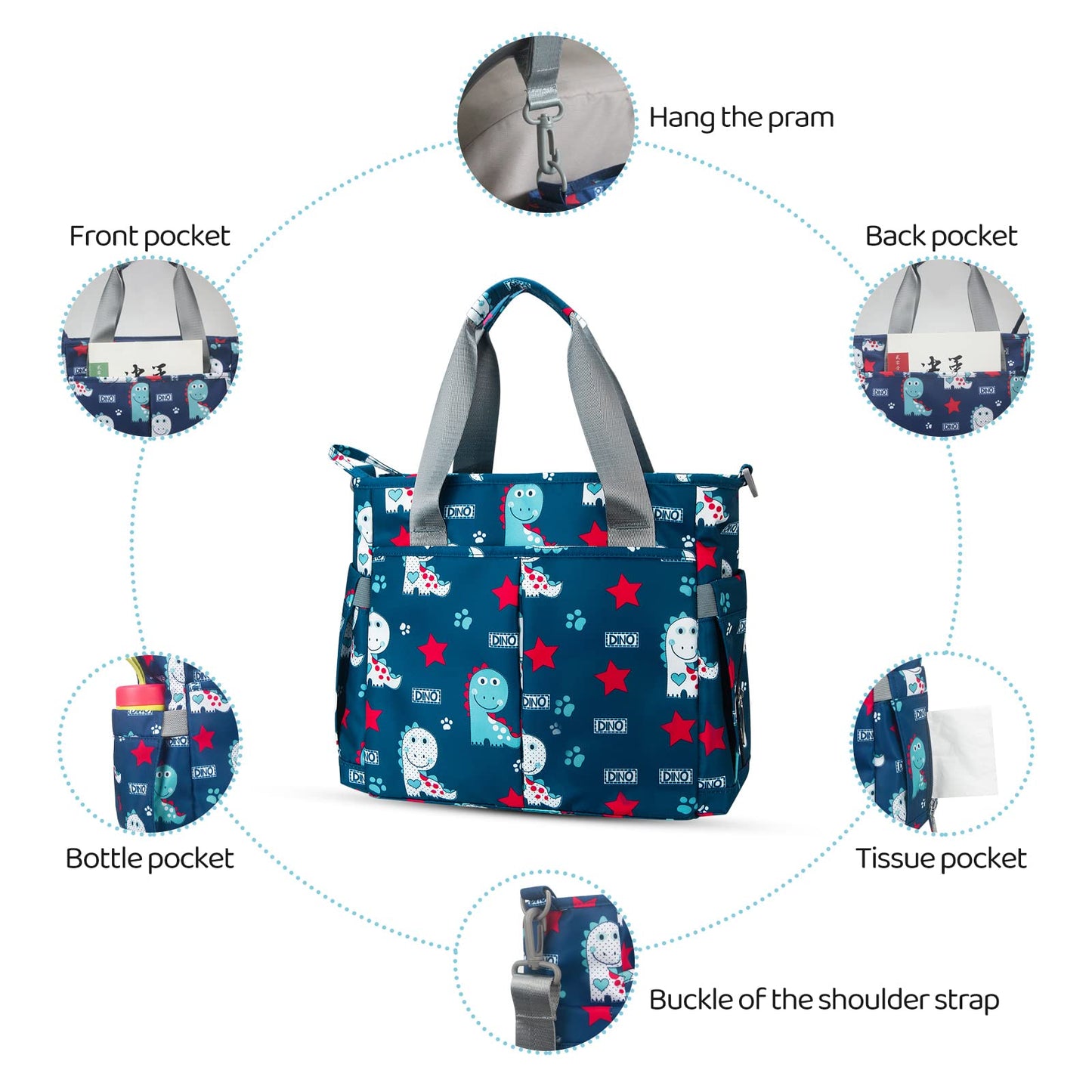 PHEBEN - Bolsa de pañales impermeable para bebé con mensajero para mamá y papá, multifuncional, tamaño mediano (lindo dinosaurio)