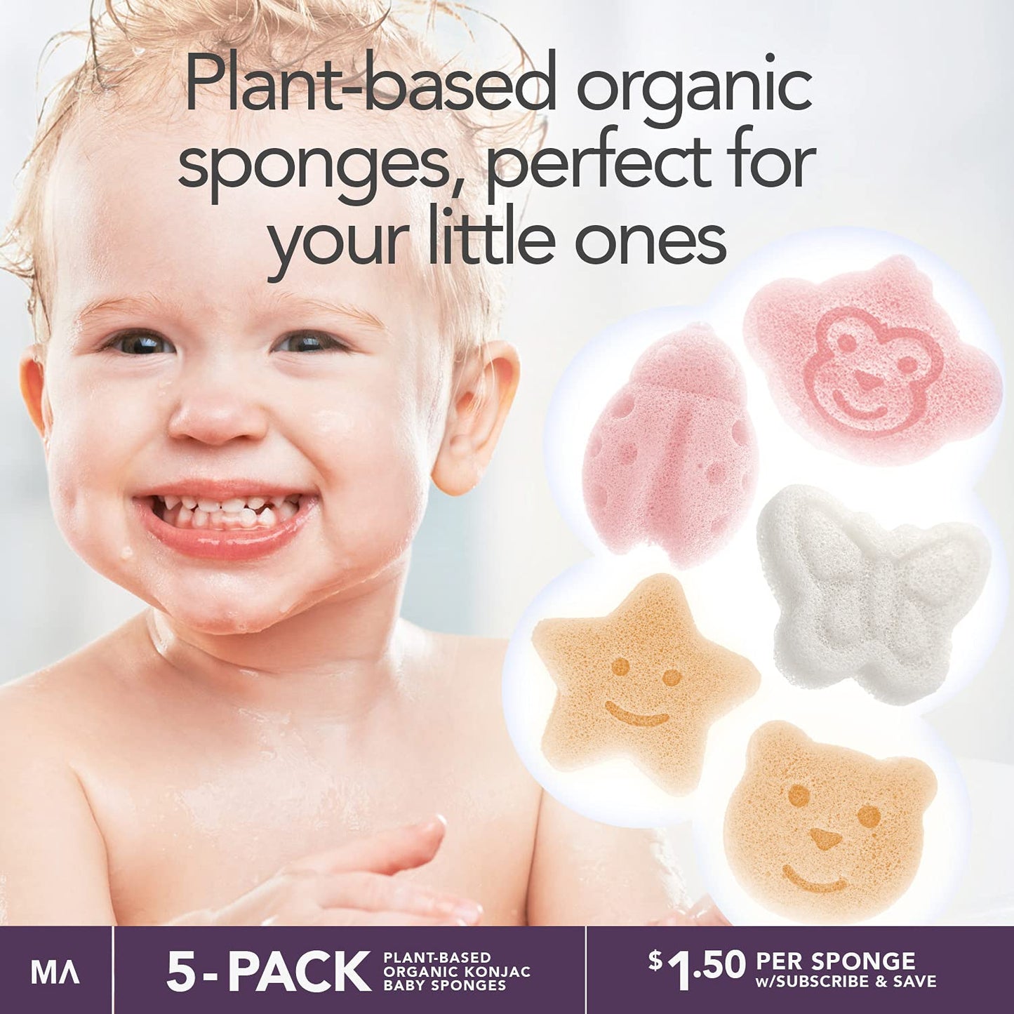 Konjac - Esponja para bebé para bañarse, formas naturales lindas, esponjas de baño para niños, hora del baño de niños pequeños, segura a base de plantas orgánicas, juego de 5 piezas: oso, mono, mariposa, mariquita, estrella