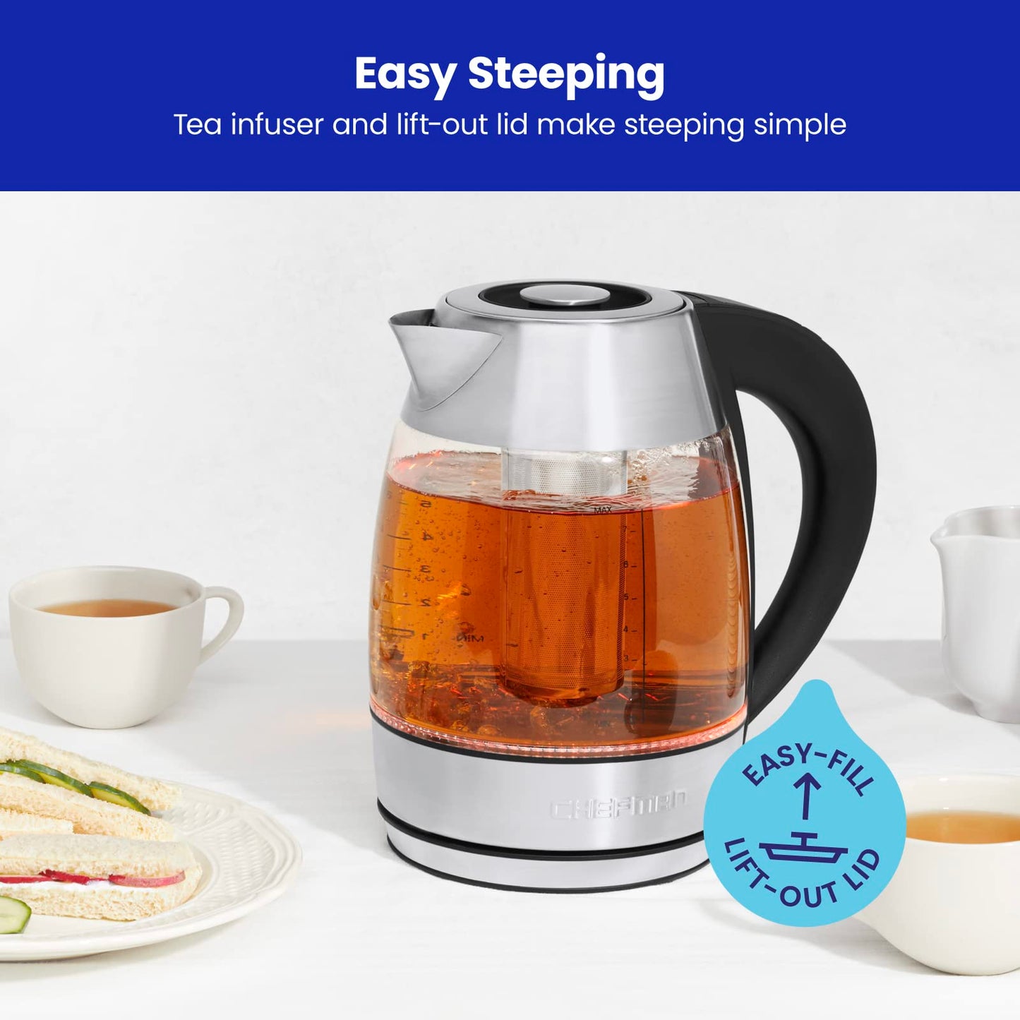 Chefman Hervidor de vidrio eléctrico digital de 1,8 l + con ebullición rápida y 7 preajustes para temperatura precisa, infusor de té de acero inoxidable incluido, control digital avanzado