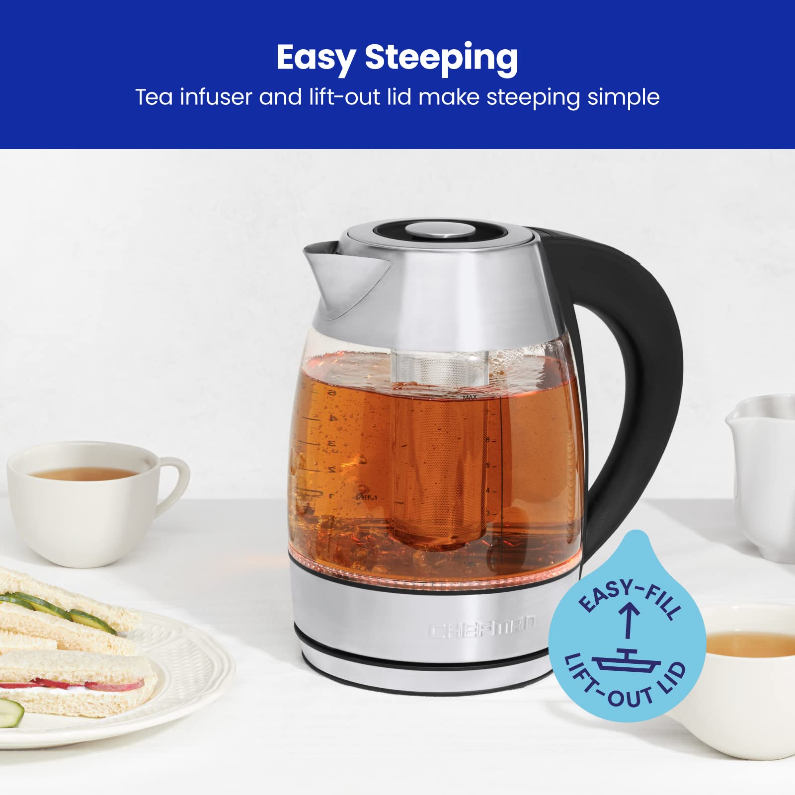 Chefman Hervidor de vidrio eléctrico digital de 1,8 l + con ebullición rápida y 7 preajustes para temperatura precisa, infusor de té de acero inoxidable incluido, control digital avanzado