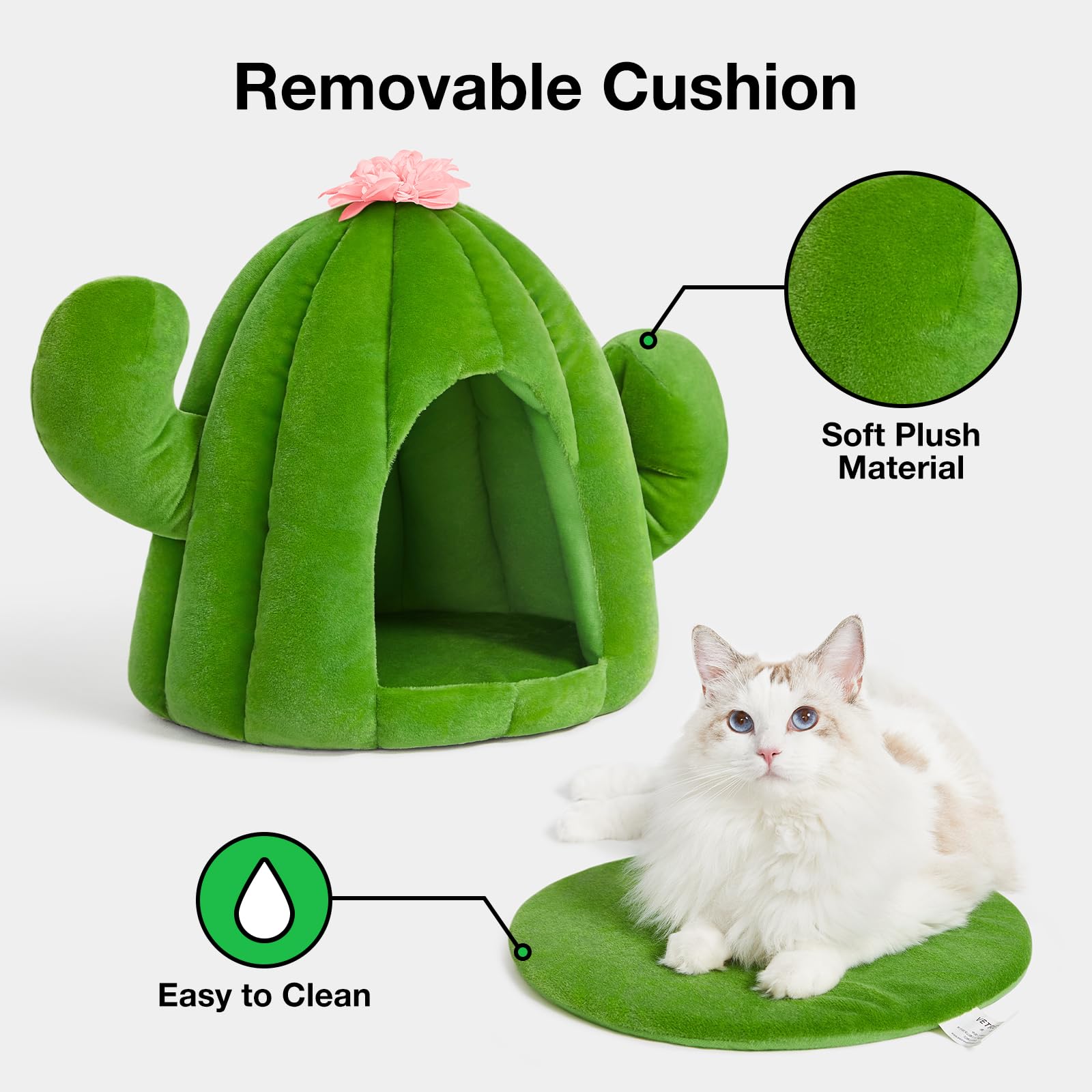 VETRESKA Bonita cama de cactus para gatos y perros, casa de cueva para gatos, cómoda cama para mascotas con cojín de rodar lavable a máquina para gatos, perros, cachorros, gatitos, conejos, cactus verde