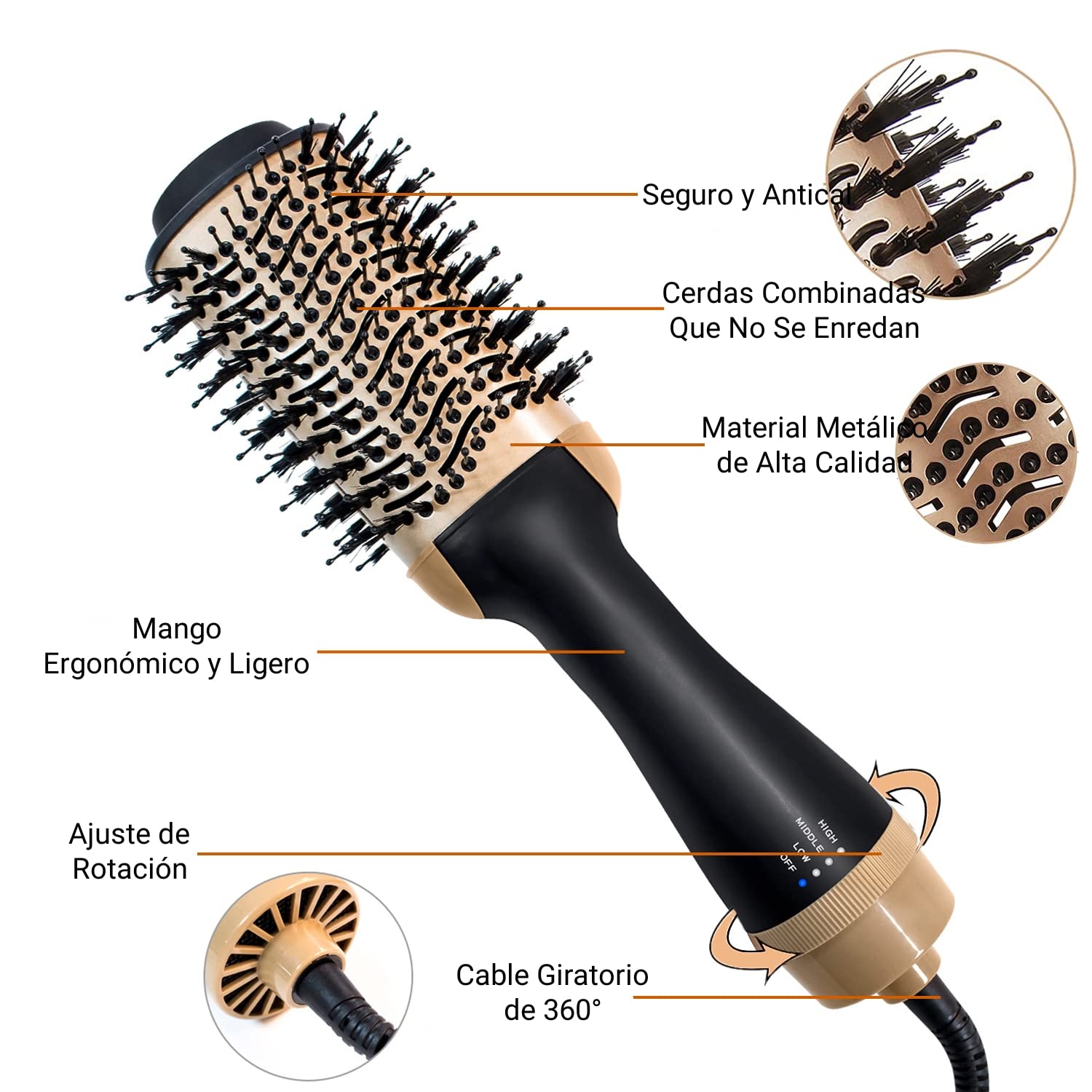 Cepillo Secador de Cabello Multifuncional, 4 en 1 Cepillo de Aire Caliente para Cabello y Voluminizador con Iones Negativos Antiencrespamiento para Secar, Alisar y Rizar | Cañón Cerámico de Titanio (Oro)