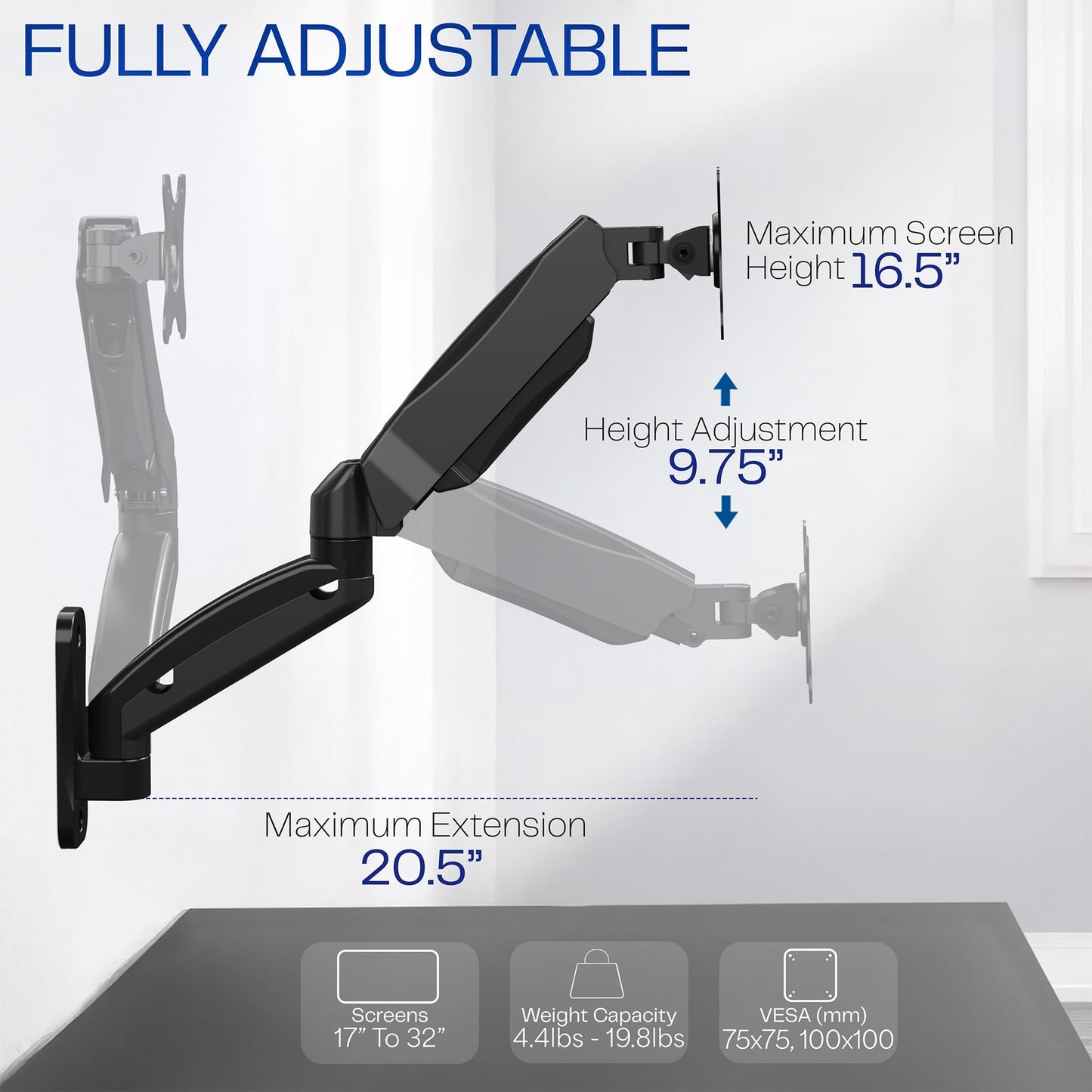 Soporte de Pared Vivo Negro con Brazo Extendido Ajustable para Monitor de 17 a 32 Pulgadas