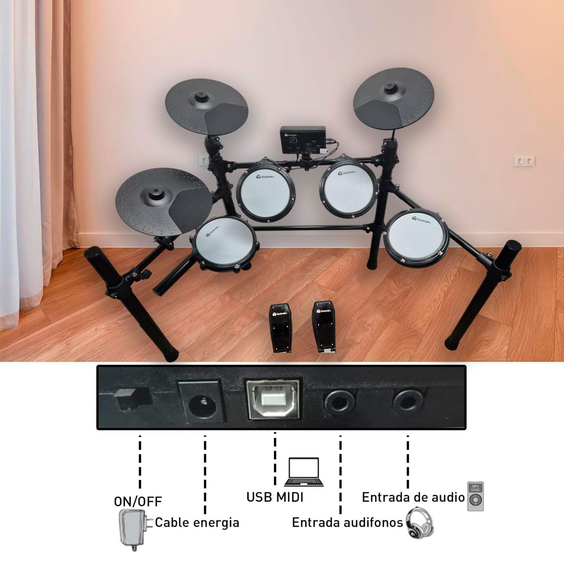 Bluelander Batería Musical 93*120 cm, Bateria Electrica 13 Pzas, 3 Platillos, 3 Tom, 2 Pedales, Tarola, Módulo de Sonido, Par de Baquetas y Banco, Batería Electrónica, Ideal para Niños y Principiantes