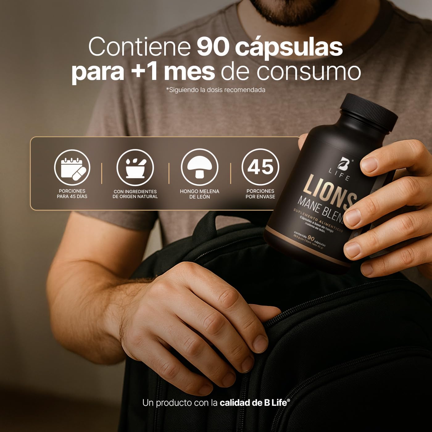 Hongo Melena de León Puro 90 Cápsulas 1000 mg por porción. Ingredientes naturales. Lions Mane Blend B Life.