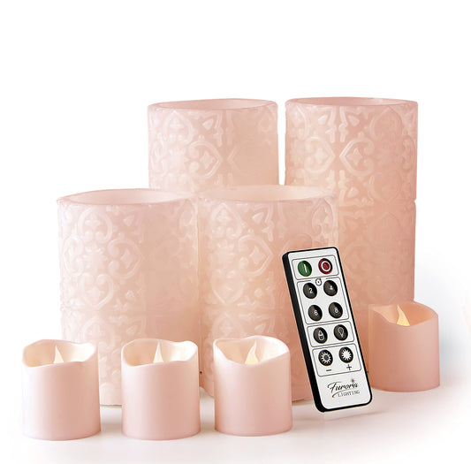 Furora Lighting - Velas LED de cera real, control remoto y temporizador, paquete de 8 (4 pilares y 4 votivas), velas sin llama con parpadeo para decorar el hogar, incluye pilas, rosa, (Pink Rome)