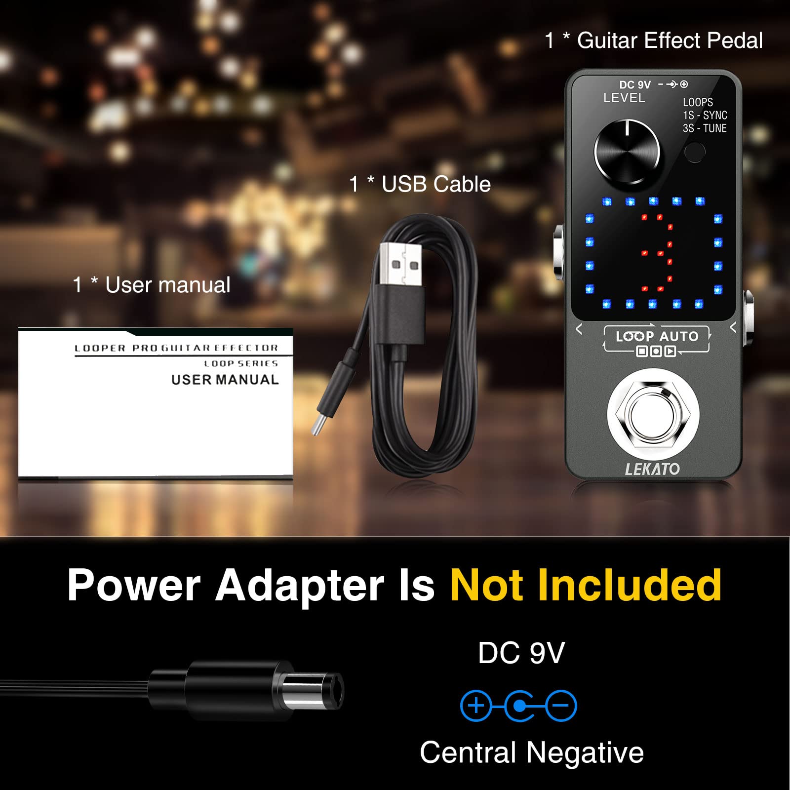 LEKATO - Pedal para guitarra eléctrica, pedal de bucle para guitarra eléctrica y bajo con función de sincronización y sintonizador, bucle de guitarra de triple efecto con visualización LED, overdubs