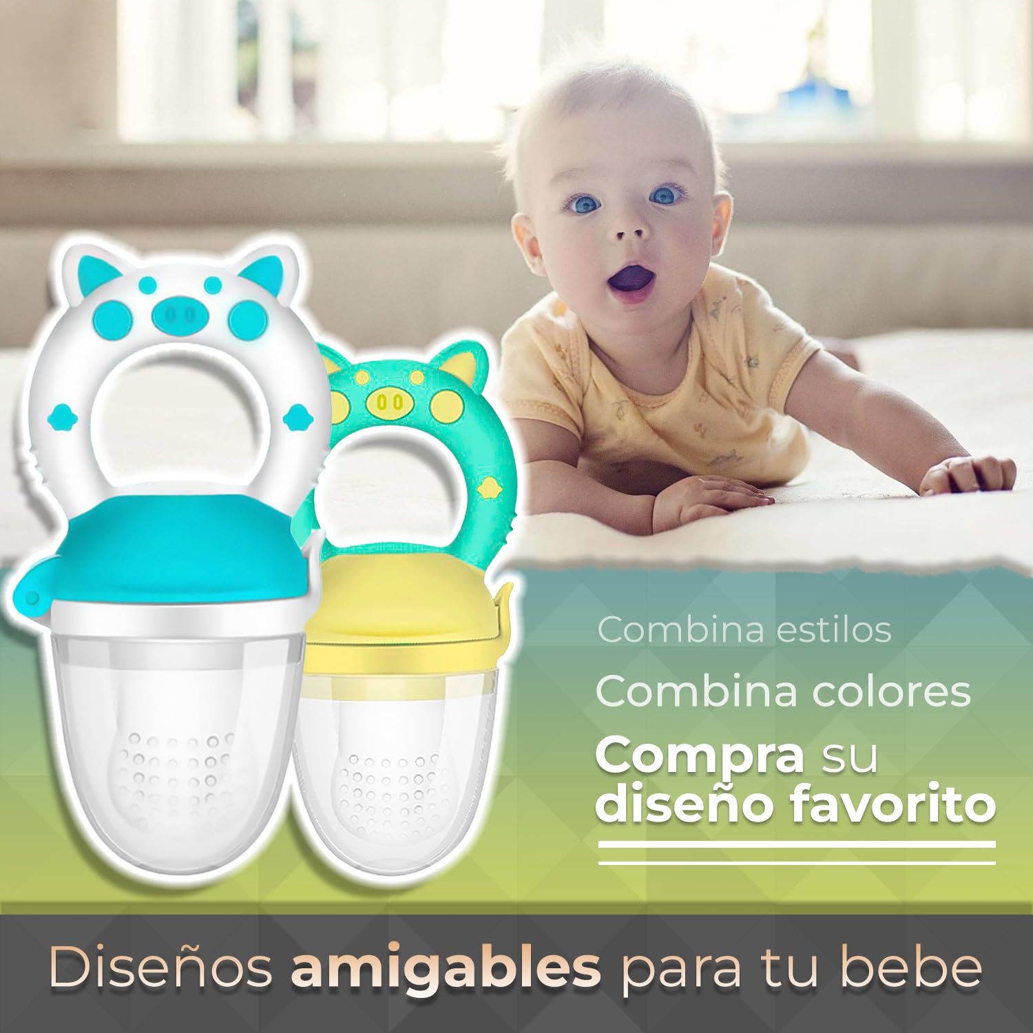 Chupones alimentadores para frutas y papillas con tapa libre de bpa, dibujos animados, 4m+ 2 piezas (pig blanco azul y pig verde amarillo)