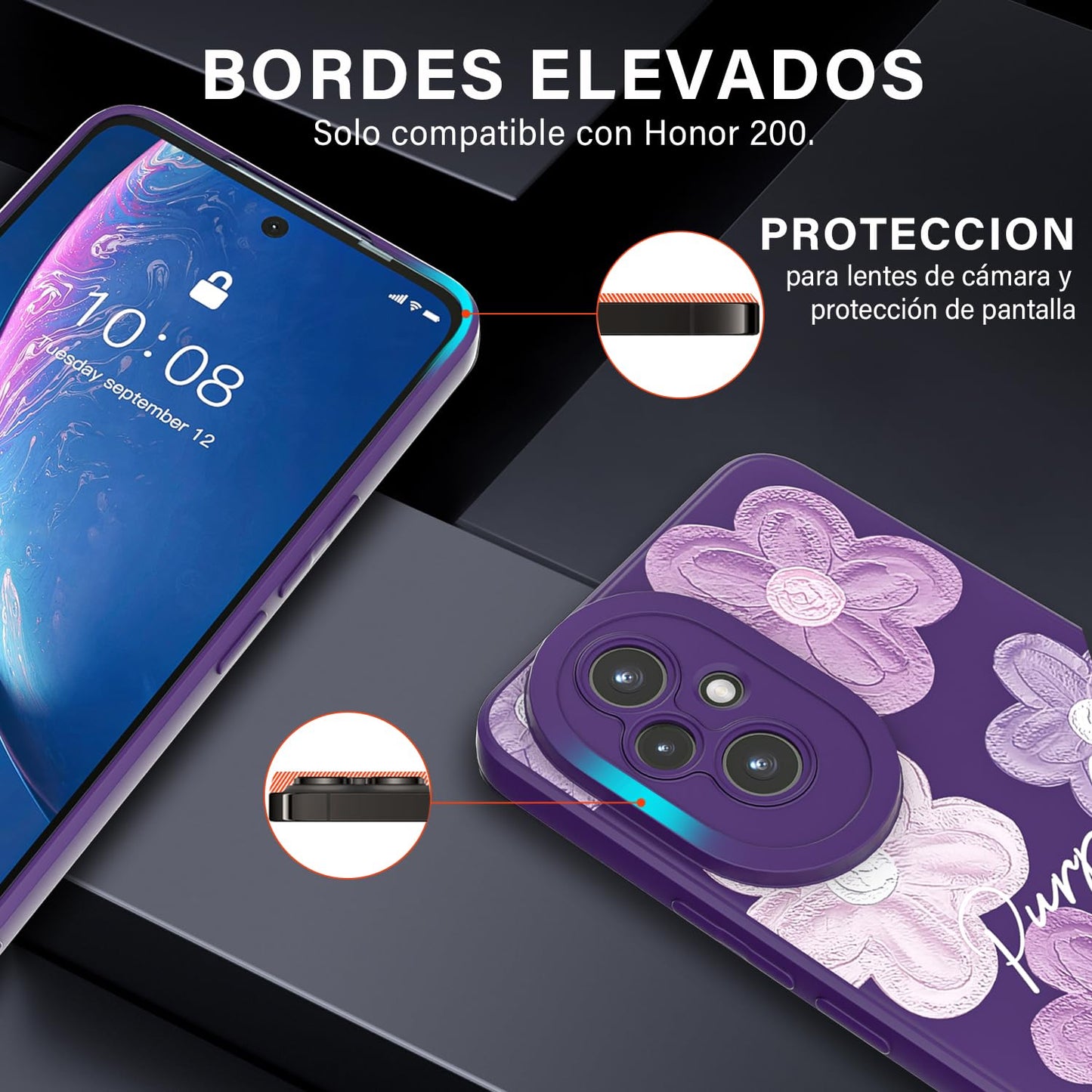 Threehao Funda para Honor 200 Case Uso Rudo, Ultra Delgado Flexible Púrpura Suave TPU Silicona Carcasa con Moda Aesthetic Dibujos Flores, Antigolpes Anti-arañazos Protectora