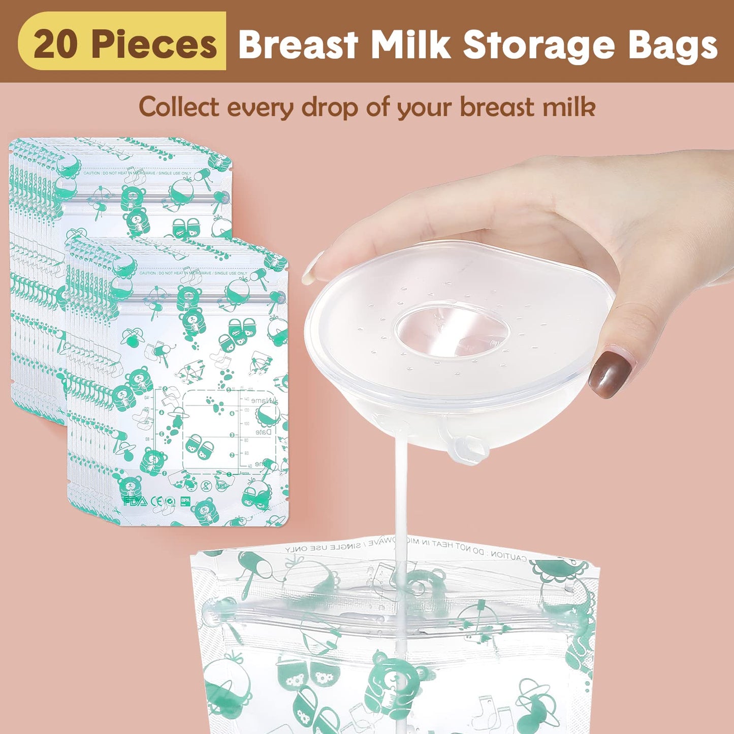 Lictin Recolector de Leche Materna - 2 Conchas Recolectoras para Lactancia, Pezoneras para Lactancia, Protectores Reutilizables para Pezones de Lactancia, con 20 Bolsa para Leche Materna