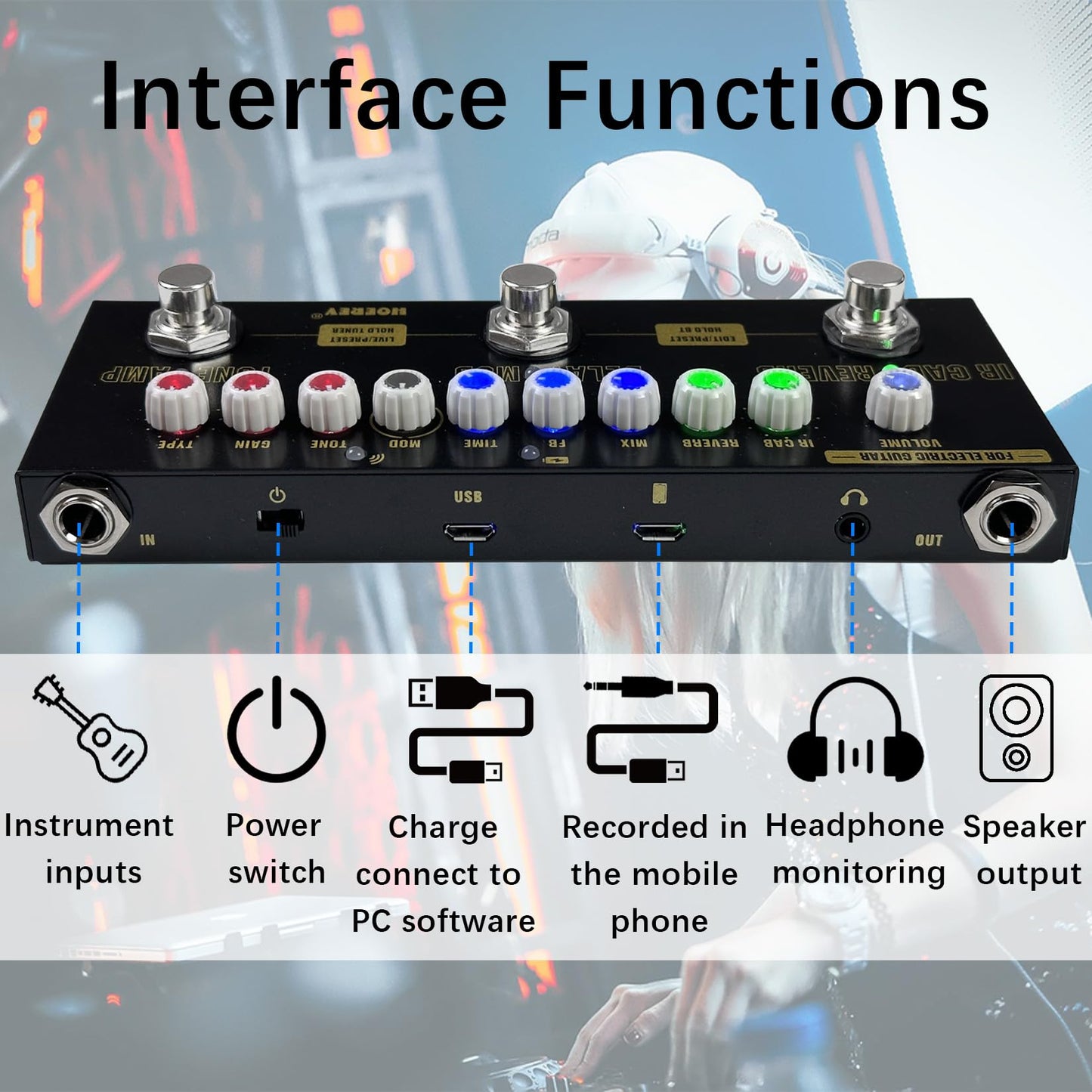 HOEREV - Pedal de guitarra multiefectos, retardo, reverberación, fase, coro, distorsión, sobremarcha, multiefectos, pedal para guitarra eléctrica, batería incorporada