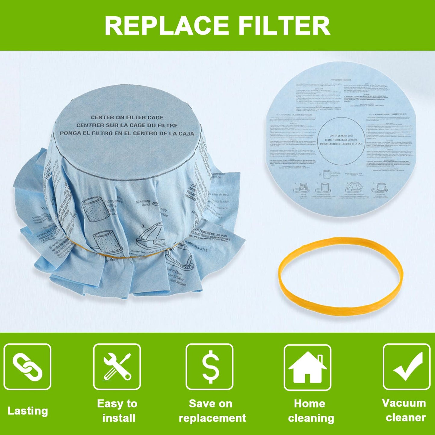 Filtro de Aspiradora EPLZON VF2002 Disco Seco Reutilizable para Aspiradoras Húmedas y Secas de 5 Galones y Más Grandes Paquete de 8 Filtros y 4 Bandas de Retención
