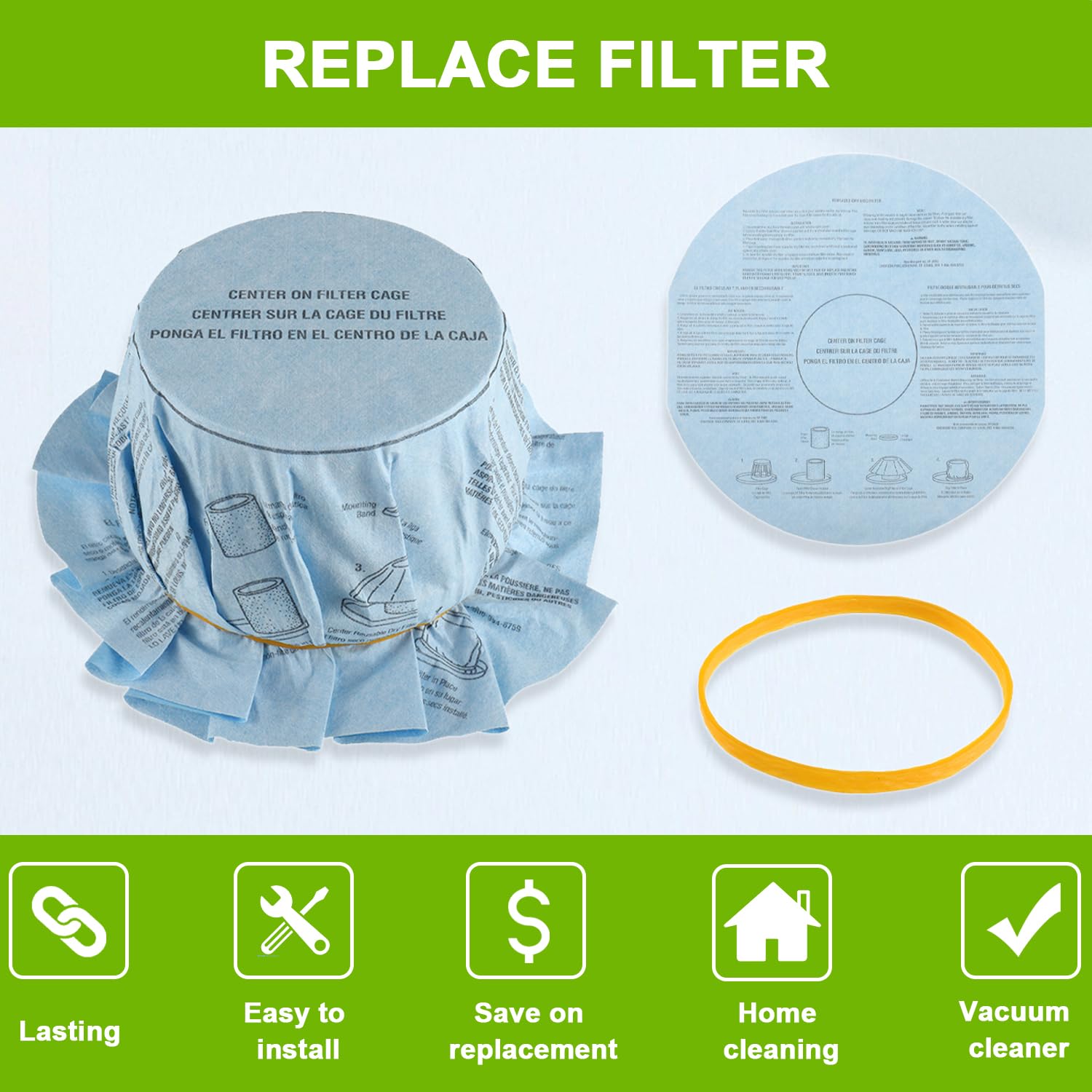 Filtro de Aspiradora EPLZON VF2002 Disco Seco Reutilizable para Aspiradoras Húmedas y Secas de 5 Galones y Más Grandes Paquete de 8 Filtros y 4 Bandas de Retención