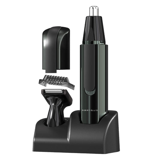 Kit de Aseo Eléctrico Perry Ellis Negro con Soporte y Recortadora de Barba Resistente al Agua para Hombre