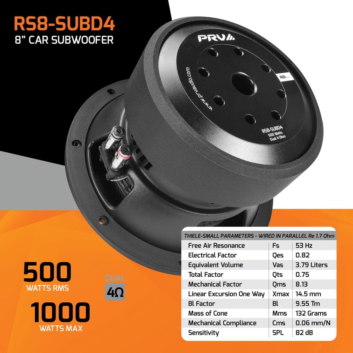 PRV AUDIO Sub D4 de 8 pulgadas de potencia máxima de 1000 vatios dual de 4 ohmios, 14.5 mm Xmax, RS8-SUBD4, bobina de voz de 2.4 pulgadas, subwoofer de coche de 8 pulgadas de tonos bajos profundos