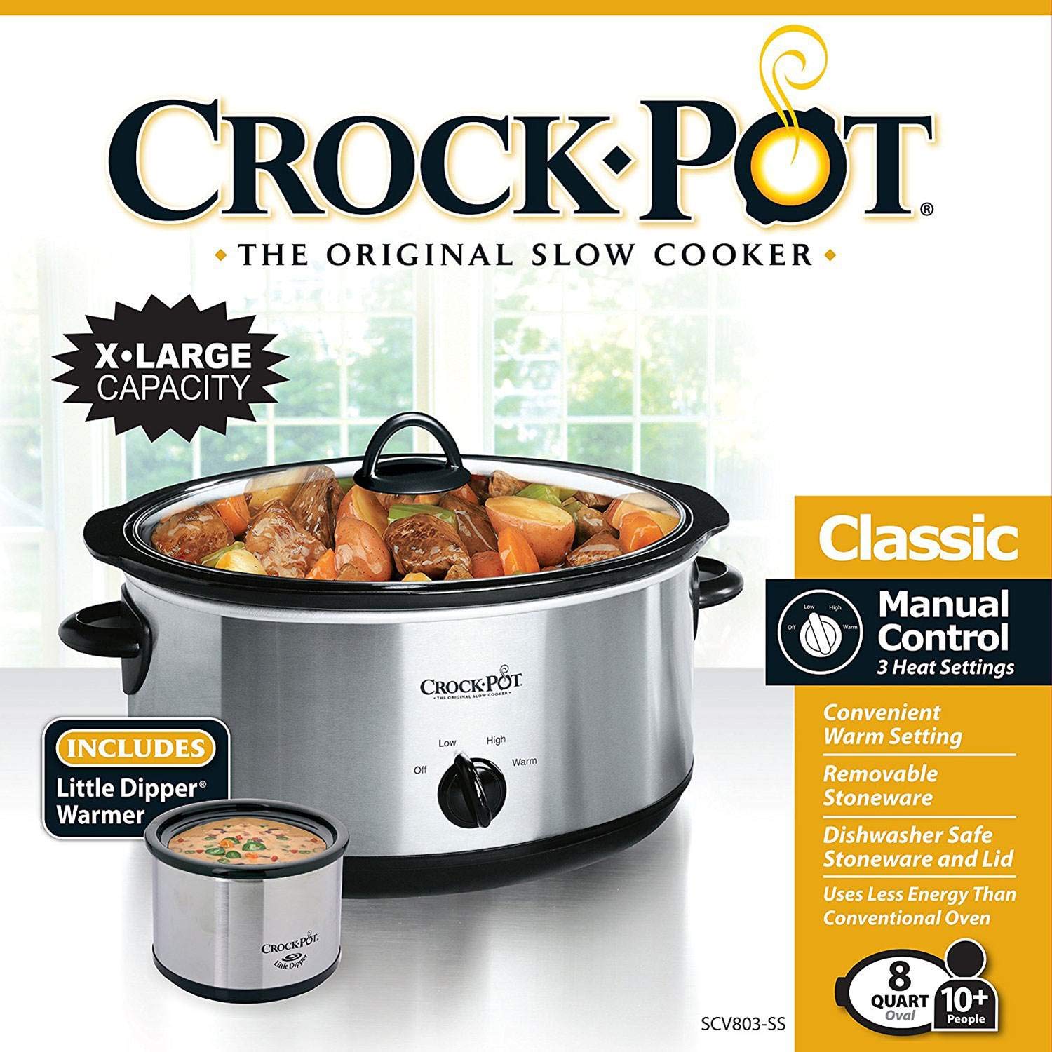Crockpot - Olla de cocción lenta grande de 8 cuartos con mini calentador de alimentos de 16 onzas, acero inoxidable