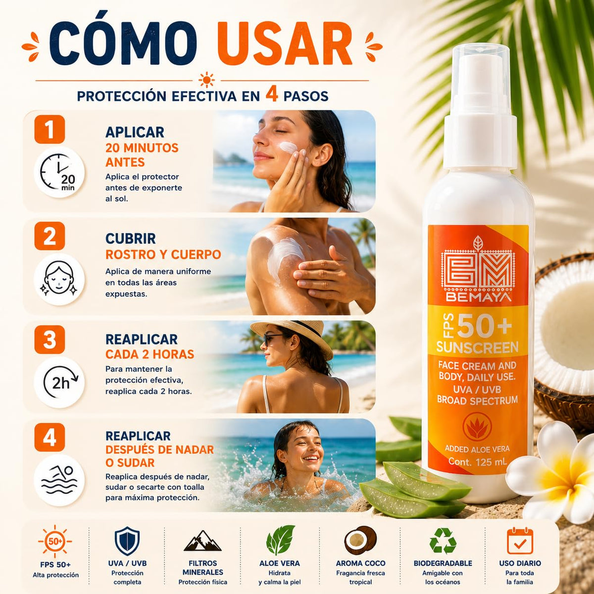 Bemaya Protector Solar Mineral Coco FPS 50+ | Bloqueador Corporal UVA/UVB | Biodegradable | 125 ml