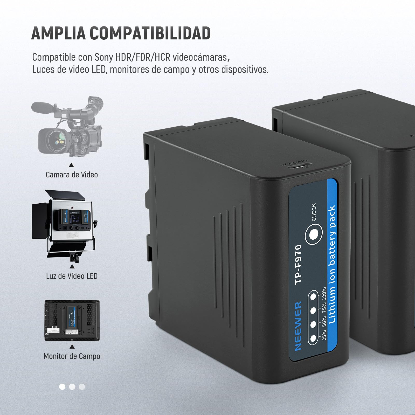 Baterías Recargables NEEWER NP-F970 7800mAh en Negro con Carga Rápida Tipo C para Videocámaras y Monitores