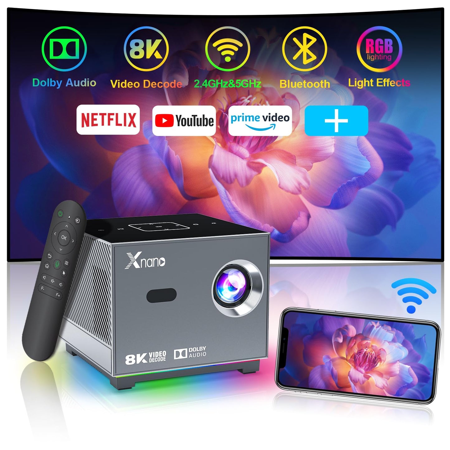 XNANO [Licencia de Netflix y AI Enfoque Eléctrico] Proyector 4K Compatible con Wi-Fi 6 y Bluetooth 5.0, Full HD 1080P para Cine en Casa con Asistente de Voz Inteligente y Corrección Trapezoidal 4D/4P