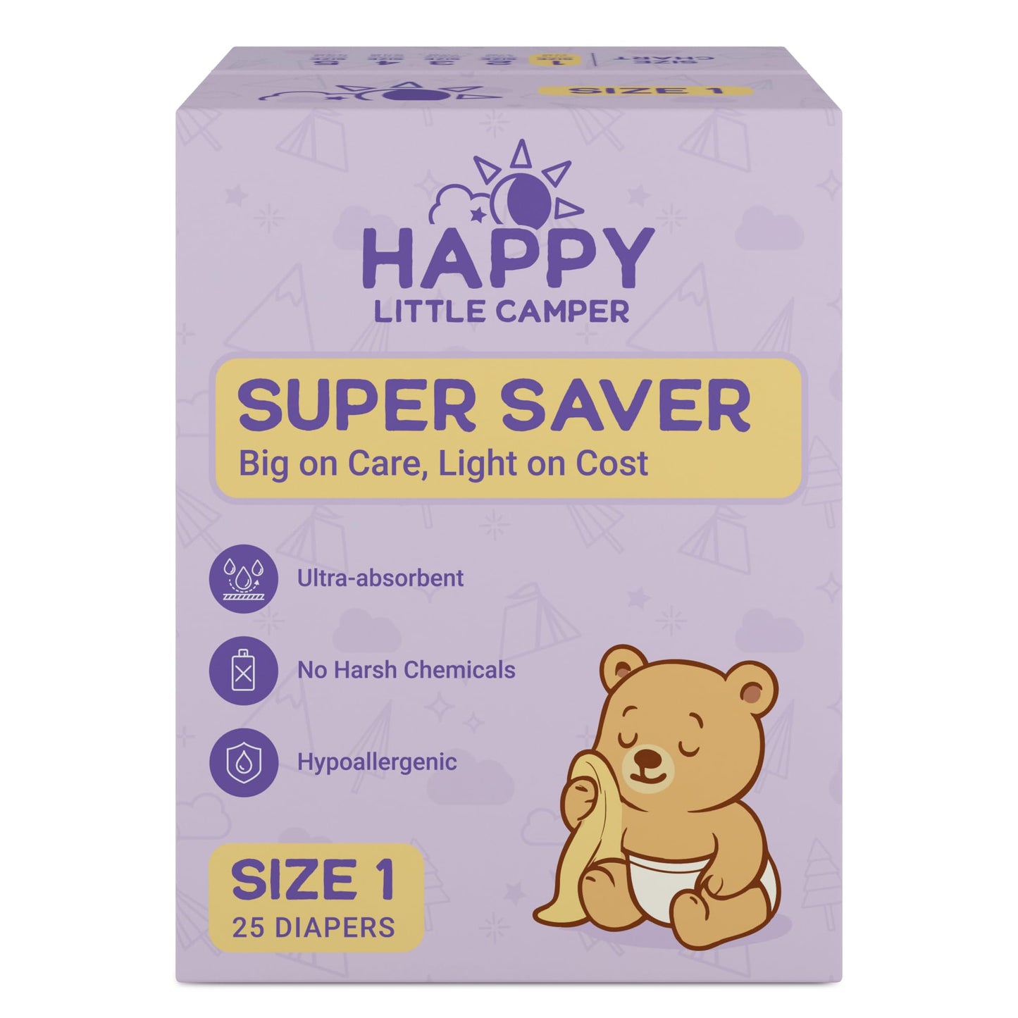 Happy Little Camper - Pañales súper ahorradores, tamaño 1, 25 unidades, pañales desechables económicos para piel sensible, hipoalergénicos, sin fragancias, ultra absorbentes