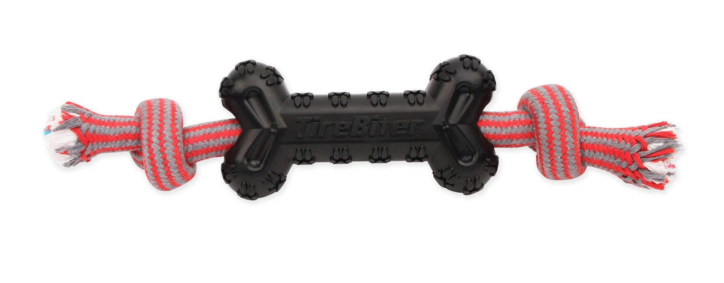 Mammoth Pet Products TireBiterII Bone with Extra Cotton-Poly Rope â€“ Natural Rubber Dog Toys for Extreme Chewers â€“ Aggressive Chewer Toys for Dogs - Large 15â€, Black (35023F)