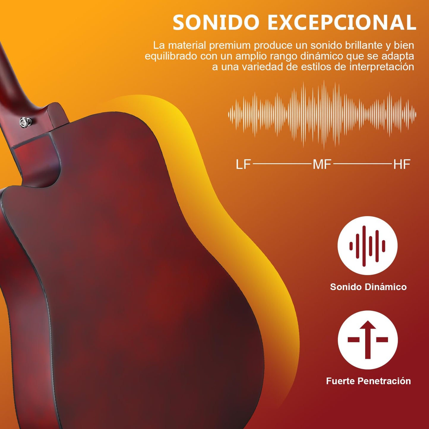 Guitarra Acústica, MTQ Guitarra Acustica con Estuche, Correa, Cuerdas, Púas, Guitarra Acustica de 38 Pulgadas, 6 Cuerdas de Metal. (Marrón)