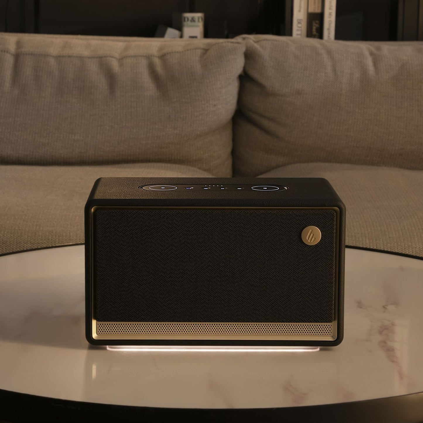 Edifier ES300 Altavoz WiFi y Bluetooth – 60 W Hi-Res Audio, AirPlay 2, LDAC, batería de 12 Horas, multiroom, USB y AUX, iluminación Ambiental, Carcasa de Madera, Control de aplicación, Altavoz