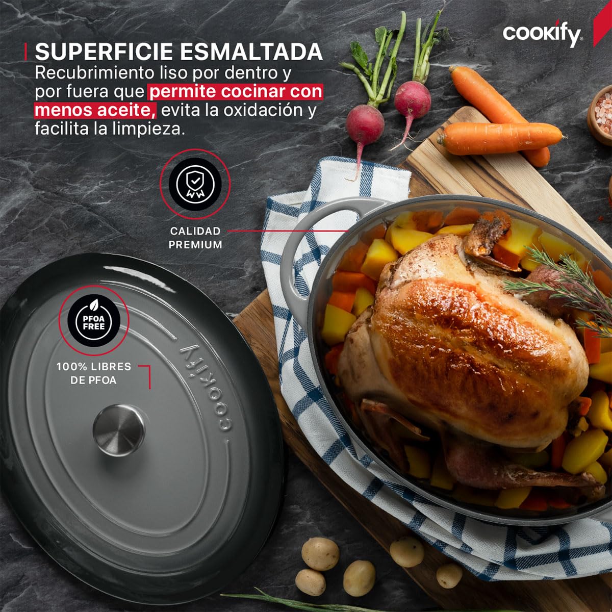 Cookify Olla de Hierro Fundido Esmaltado para Horno y Estufa, Horno Holandés Capacidad 7 Litros Dutch Oven (Gris, 35 cm)