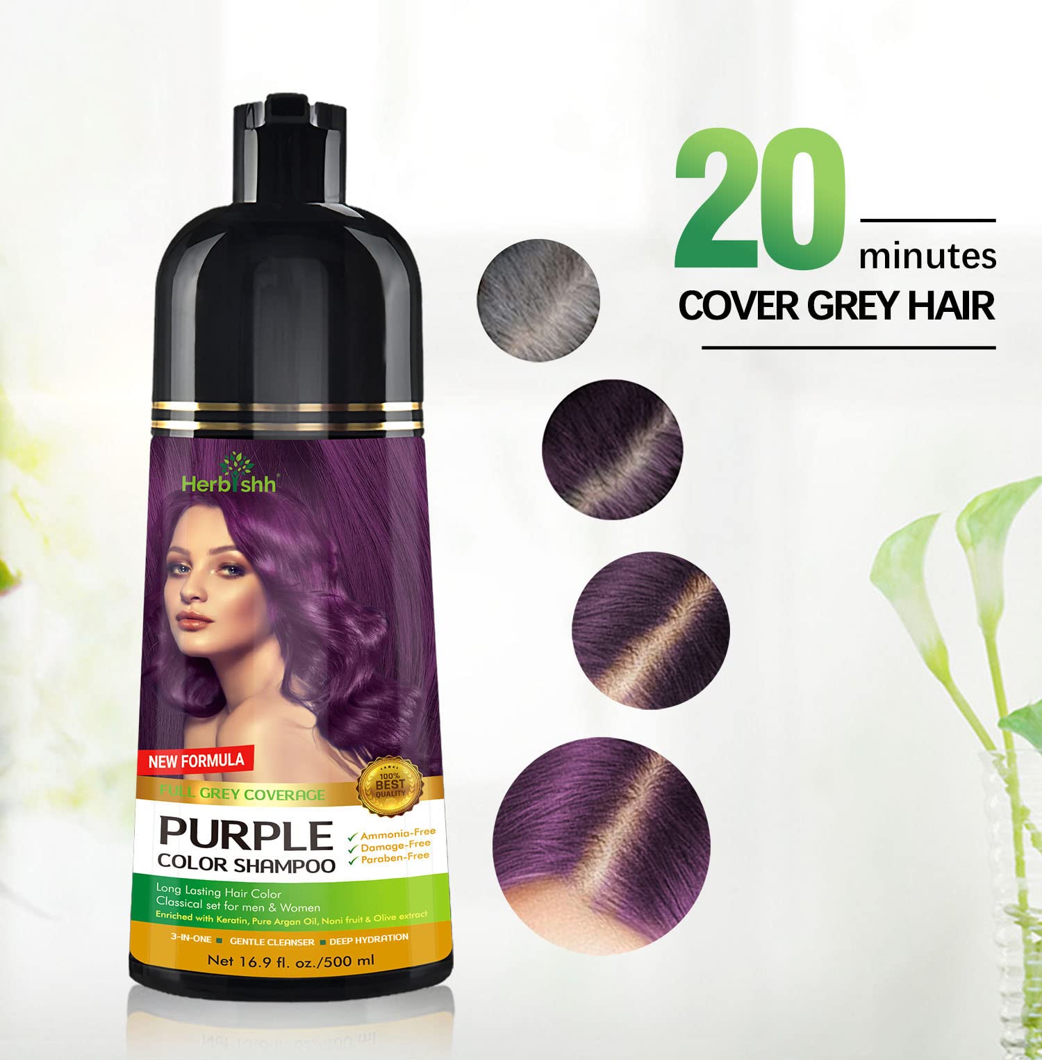 Herbishh - Champú colorante para cabello gris, champú con tinte natural para el cabello, colorea el cabello en minutos, dura hasta de 3 a 4 semanas, 500 ml, tinte de cabello 3 en 1, sin amoniaco | (morado)