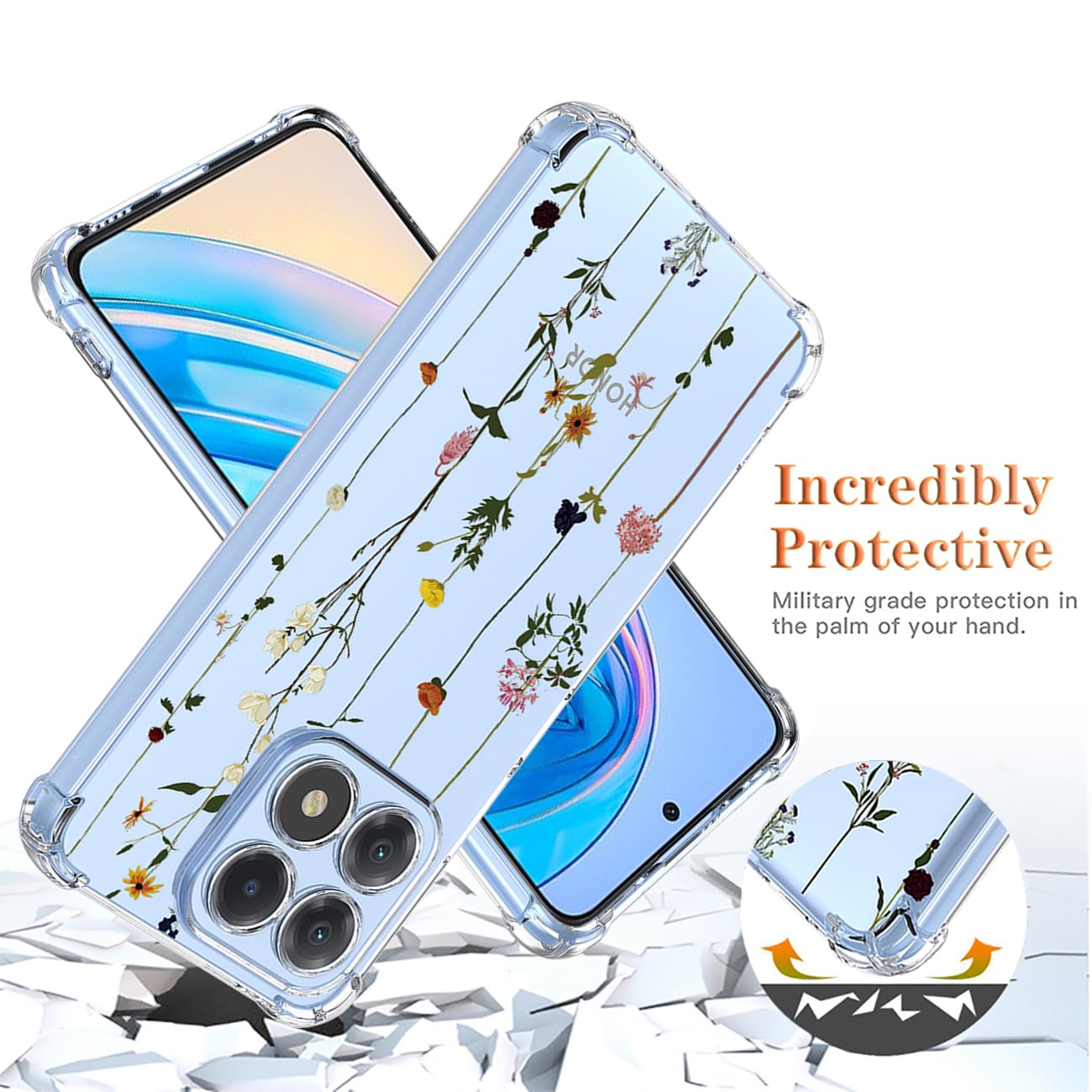 GTBDEKI - Funda para teléfono de honor X8A, funda CRT-LX1 con protector de visualización, funda transparente con patrones de jardín de flores para honor X8A floral Garden