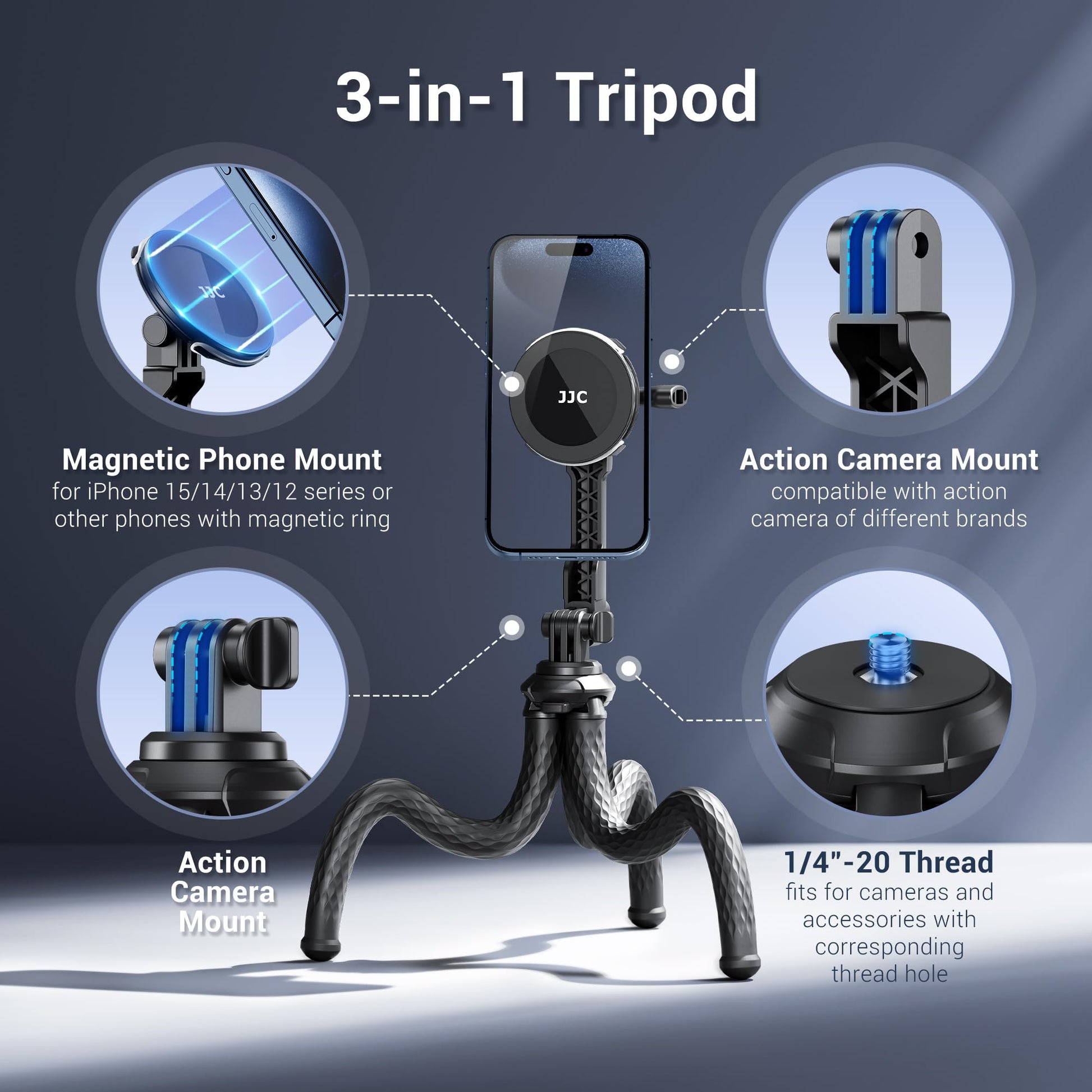 JJC - Trípode magnético flexible para iPhone, trípode de pulpo plegable con tornillo de 1/4 pulgadas y soporte Gopro compatible con iPhone, Android, iPhone, cámara digital Gopro para grabación de
