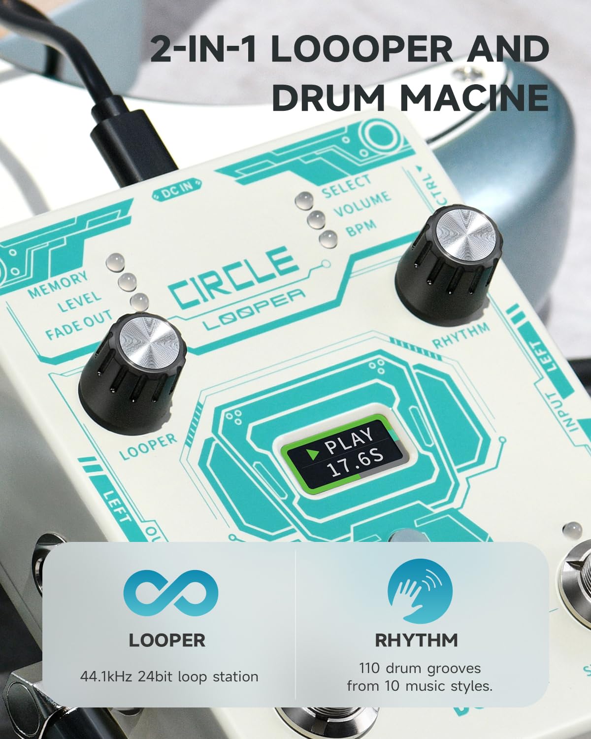 Donner Circle Looper - Máquina de tambor de pedal 2 en 1, pedales de bucle de guitarra estéreo, 40 ranuras de bucle de 160 minutos con 110 ranuras de tambor, toque tempo, desvanecimiento