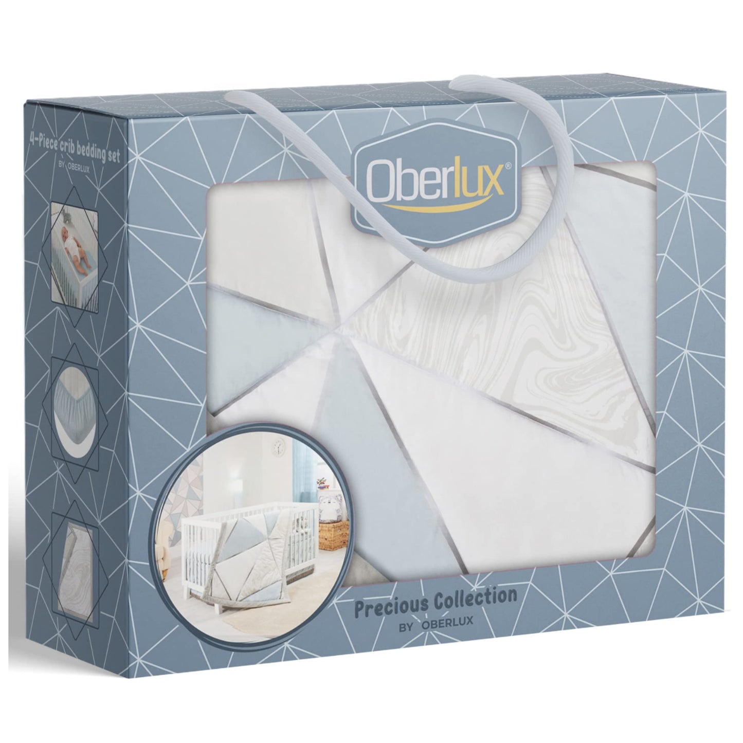OBERLUX Juego de ropa de cama de cuna para niños | Juego de cama de cuna de 4 piezas | Patrones geométricos, plata brillante, estampado azul bebé y mármol | Precious Collection